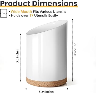 KITEISCAT Large Ceramic Utensil Holder for Kitchen Counter, Modern Crock with Slanted Top & Cork Mat, for Spatulas & Cooking Spoons, White
