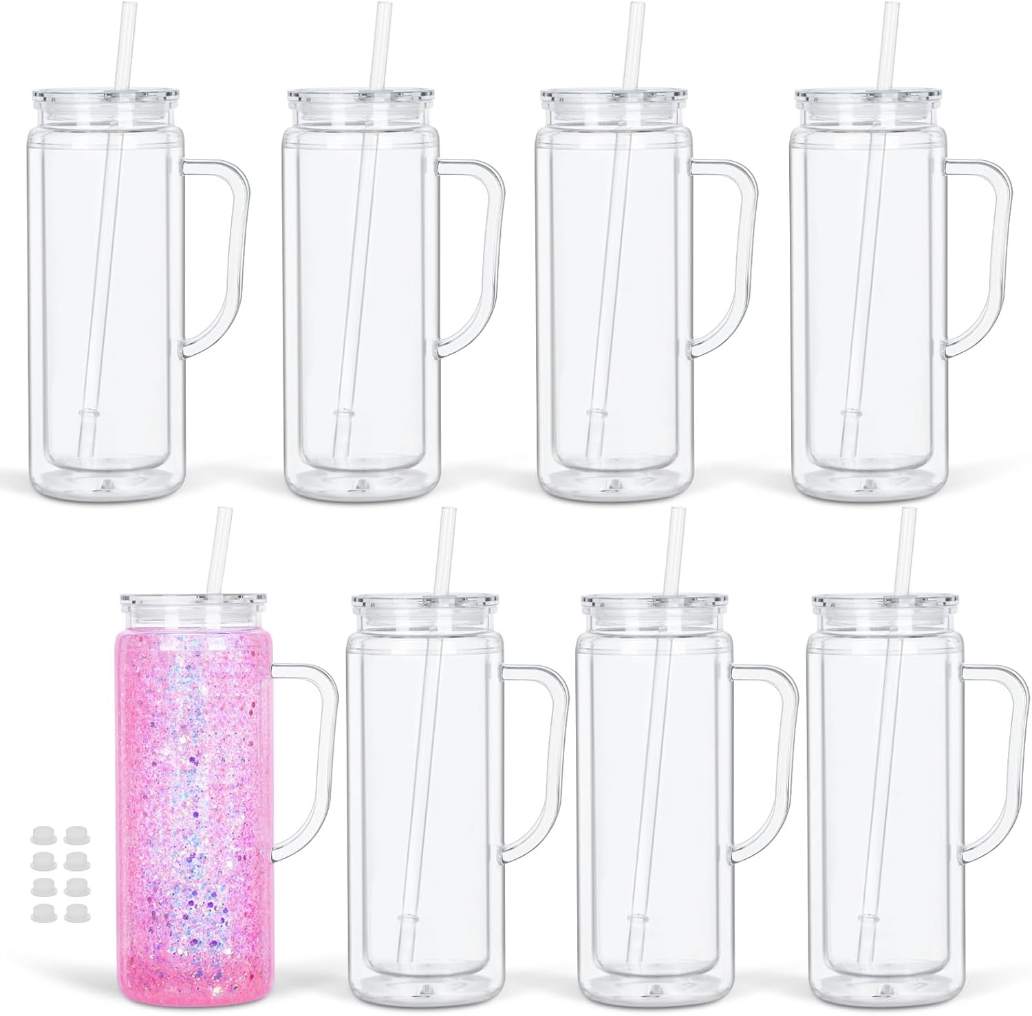 20 Oz Double Wall Acrylic Snowglobe Cups with Handle, 8 Pack Clear Plastic Mason Jar Snowglobe Tumbler with Pre Drilled Hole and Plug for DIY Glitter Gifts (Clear)