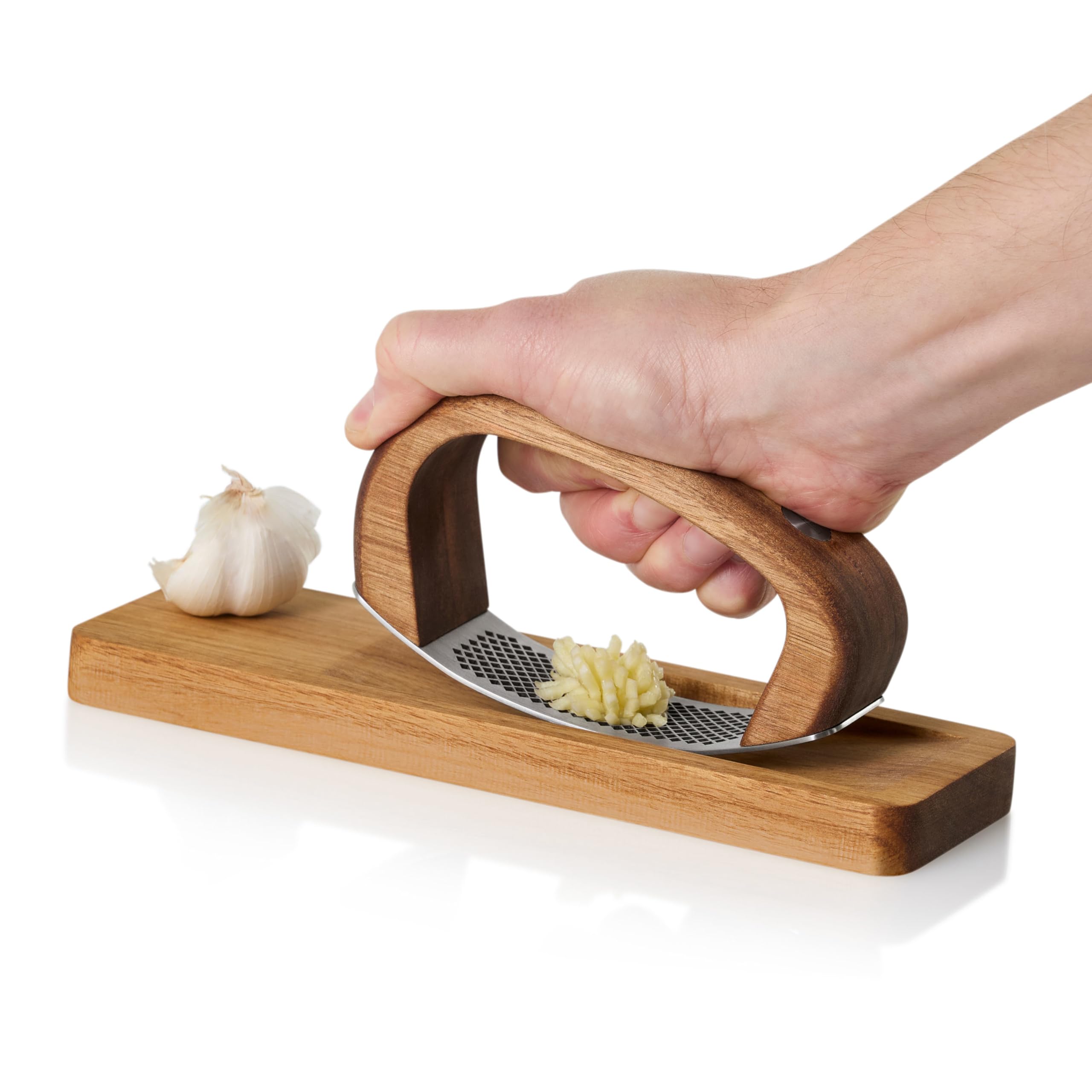 AdHoc GC01 innovative Knoblauchpresse mit Schneidbrett RoccaAlio | edles Akazienholz und lasergeschnittene Edelstahlklinge | Knoblauchschneider modern und ergonomisch in der Anwendung