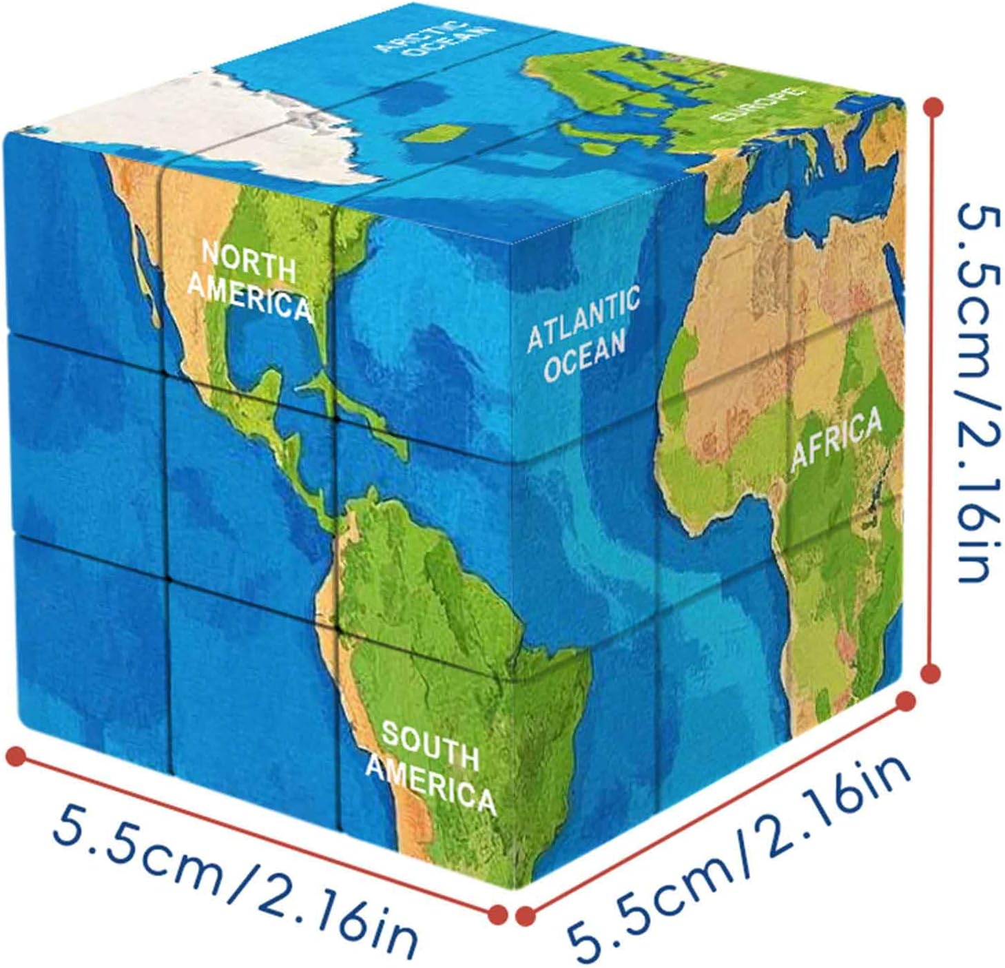 World Map 3D Cube Educational Toy, Geography Learning Puzzle, 6 Continents and Oceans