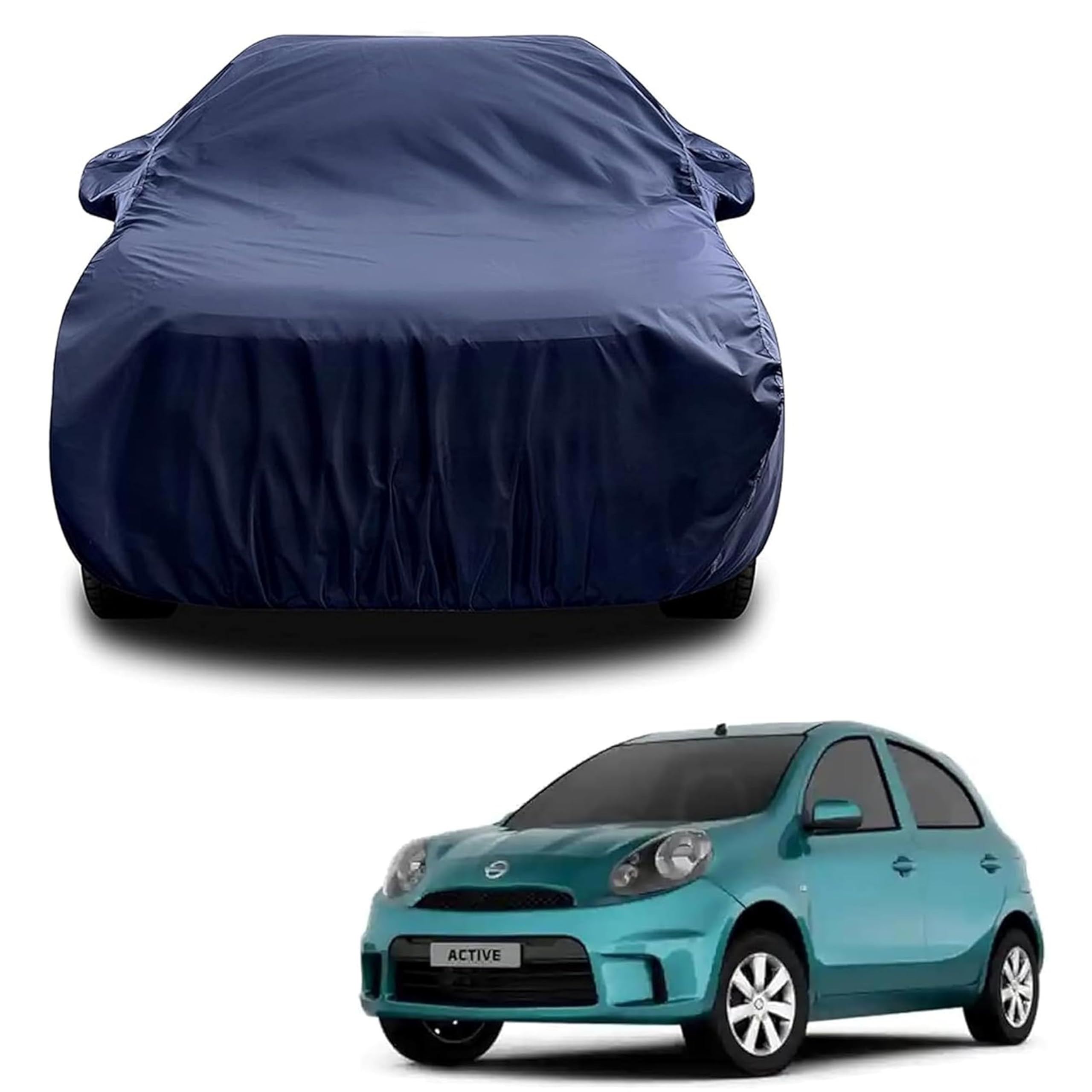 Sulfar 100% Water Resistant Car Body Cover Compatible with Mirror for Nissan Micra Active (Triple Stitched, Full Bottom Elastic, Navy Blue)