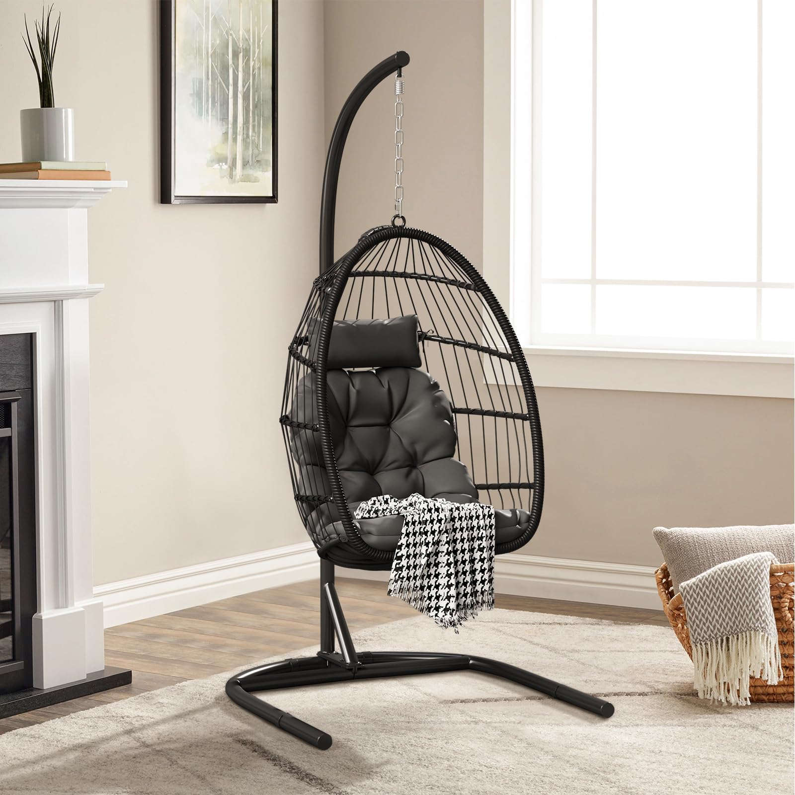 Warmiehomy Egg Chair Hanging Chair with Stand Garden Foldable Swing Chair with Cushion Rattan Hanging Egg Chairs for Indoor Outdoor Hammock Chair with Frame for Patio, Balcony