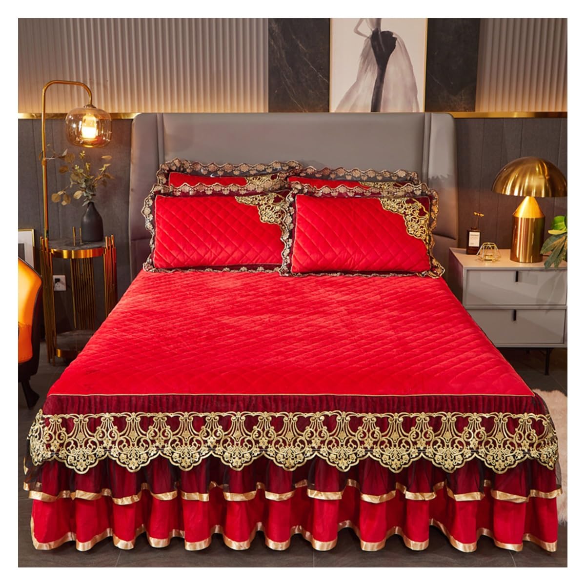Jupe De Lit Volantée Velours - Ensemble Drap-housse + Jupe - Tailles 150x200 à 200x220 Cm, Chute 45 Cm - Matelassé, Doux, Lavable Machine