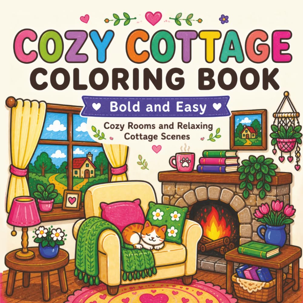 Cozy Cottage Coloring Book: Bold and Easy Cozy Rooms and Relaxing Cottage Scenes