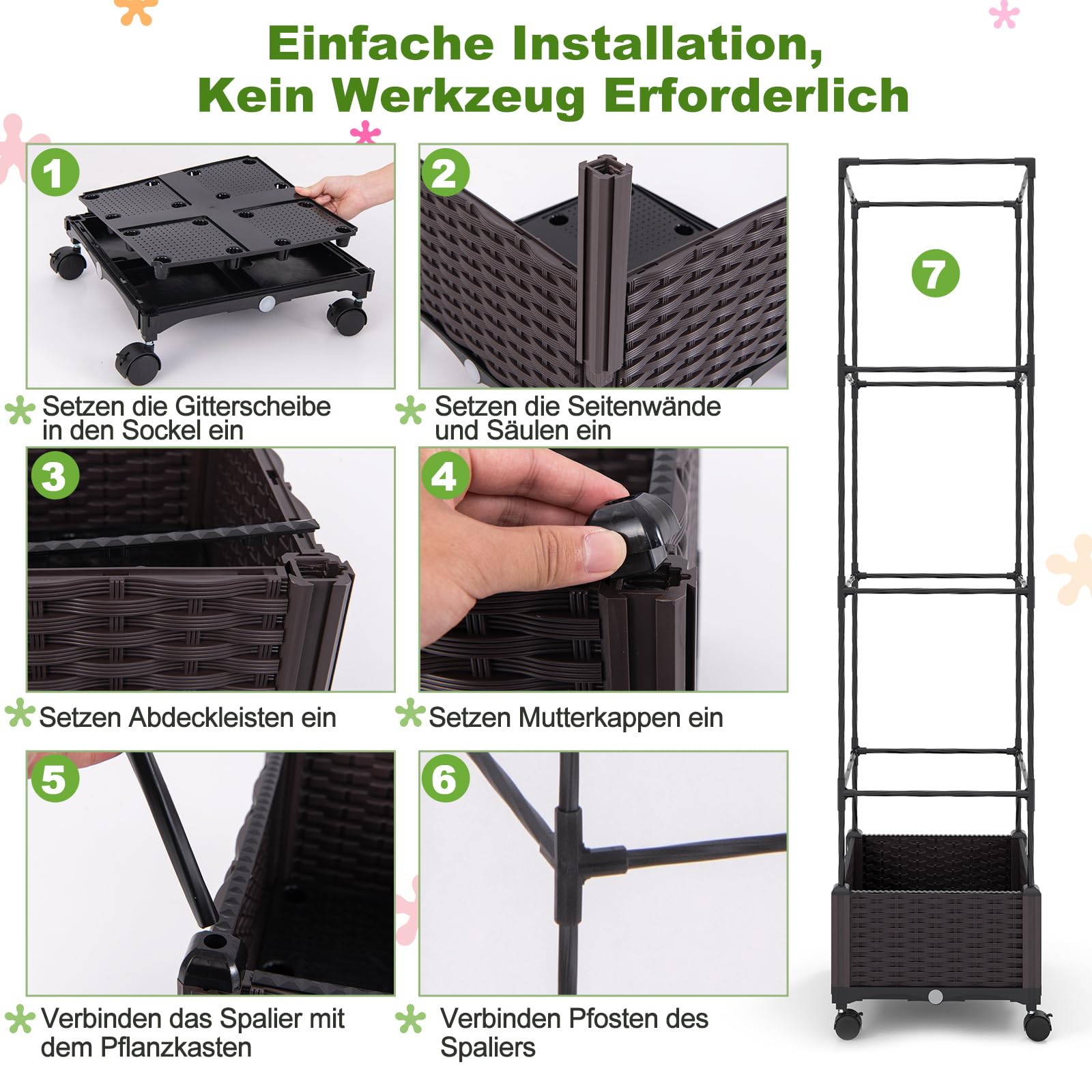 COSTWAY Rankhilfe mit Blumenkasten auf Rollen, Garten Obelisk höhenverstellbar, beschichtetes Metall & PP, Rankgitter mit Pflanzkasten & Selbstbewässerung, für Blumen Kletterpflanzen, 40x40x170cm