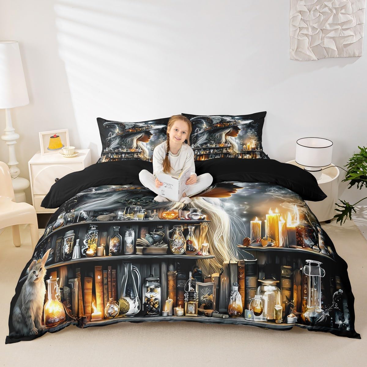 Manfei Witch Girl Duvet Cover Twin,Magic Potion Bookcase Comforter Cover with 1 Pillowcase,Gothic Moon Galaxy Bedding Set 2pcs for Kids Bedroom Decor,Halloween Decor Quilt Cover,Not Comforter