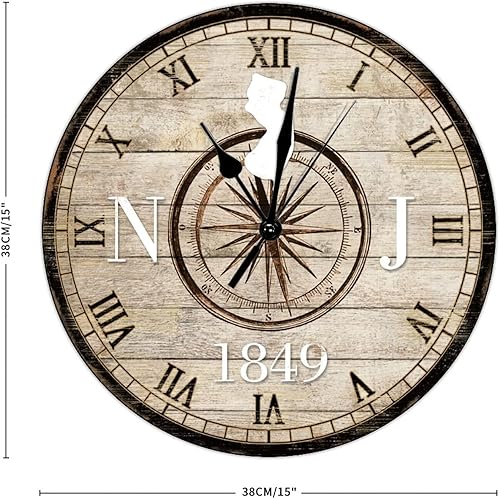 Miniatura 2 de Reloj rústico americano de los Estados de Nueva Jersey establecido en 1849 con mapa de brújula, reloj de pared de madera vintage, estilo retro de