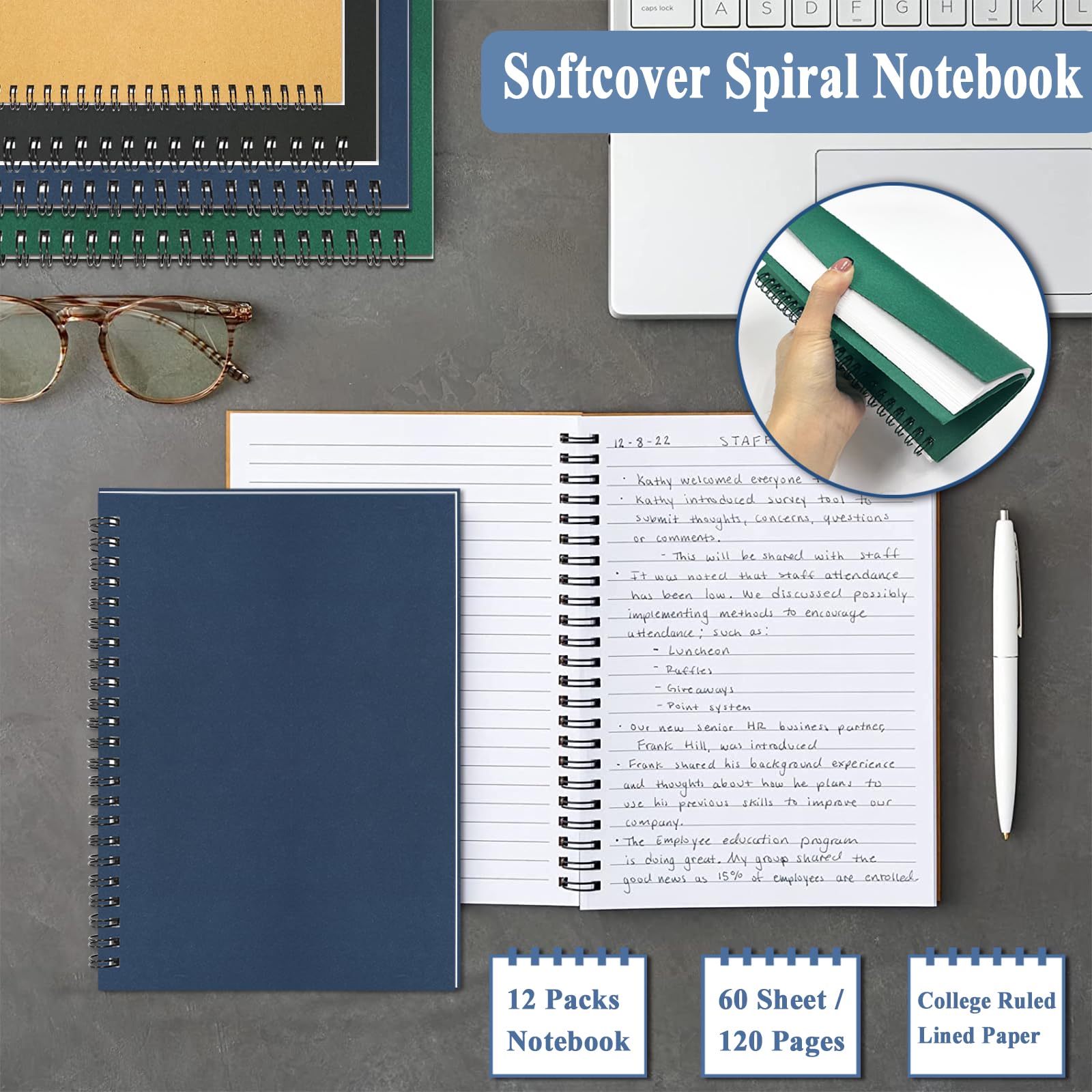 GINMLYDA Cuaderno pequeño en espiral A5, paquete de 8 120 páginas a rayas de 8.25 x 5.5 pulgadas, cuaderno de tapa de papel kraft y bloc de escritura para escuela, hogar, oficina, bocetos estéticos