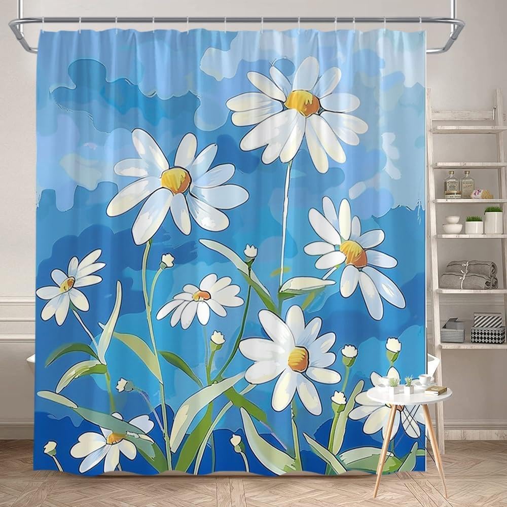 Glwdmb L-14 1 Piece 180X200cm Daisy Flower Printed Shower Curtain With Hook, Polyester, For Windows And Walls, Bathtub, Bathroom, Machine Washable, All Season Universal