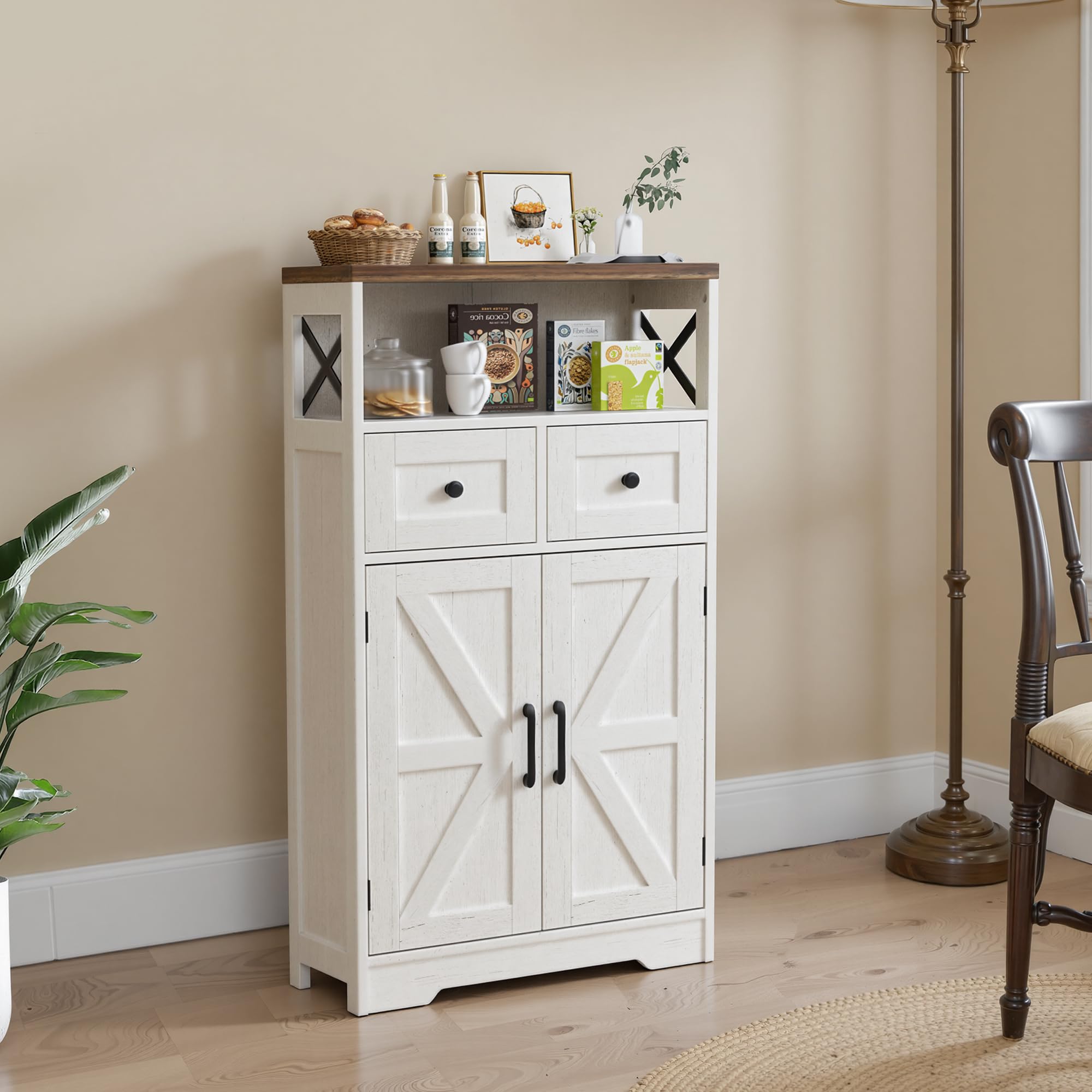 BonVache Sideboard, Küchenschrank mit Schubladen, Aufbewahrungsschrank, Anrichte mit Offenem Regal, Kaffeebar Schrank für Küche, Esszimmer, Wohnzimmer, 58 x 29 x 108cm, Weiß