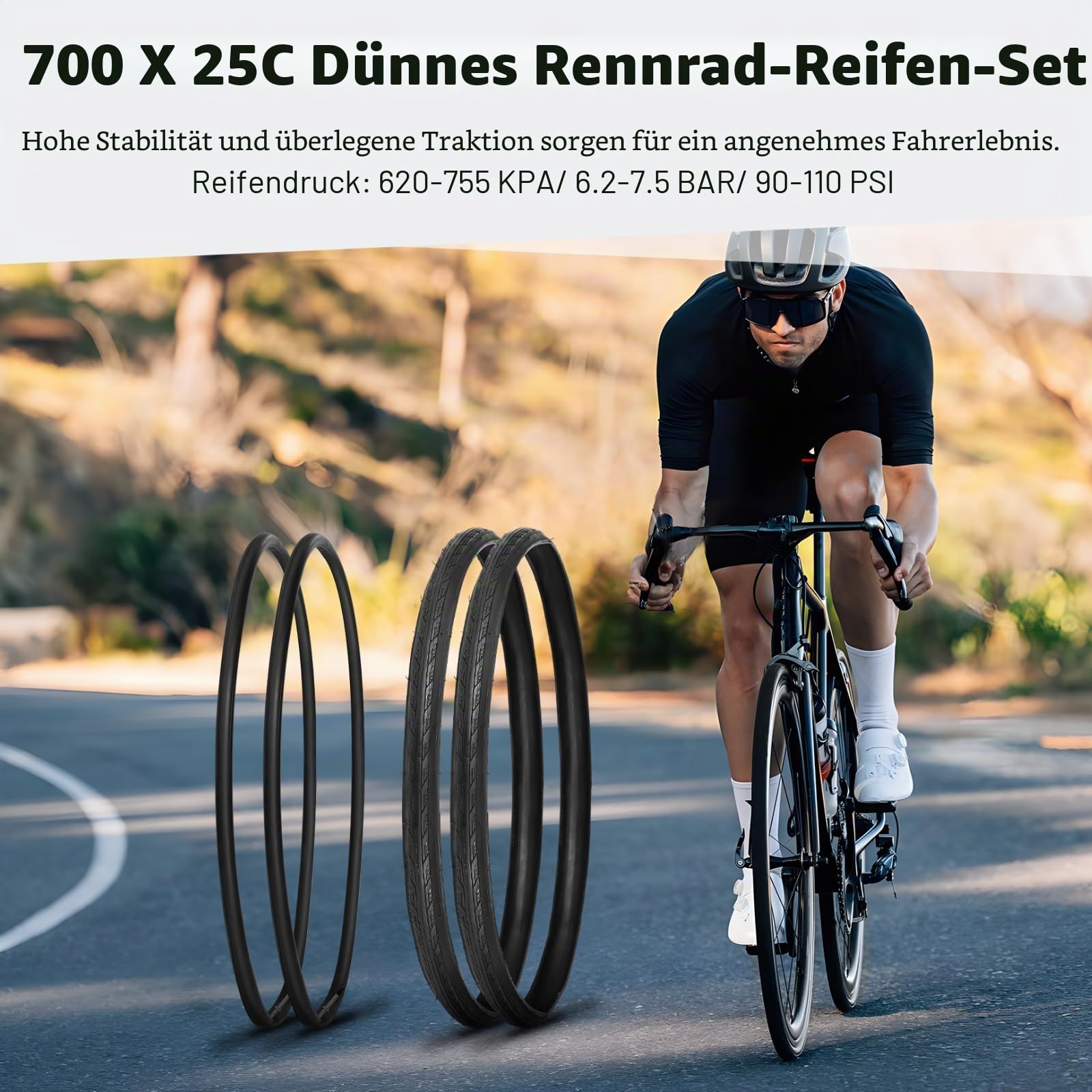 yeesport 700 x 25c Rennrad-Reifen, 2 Stück, faltbare 700 x 25c Reifen & 700 x 25c-28c Fahrradschläuche, Presta-Ventil, 48 mm, Reifenersatz mit Felgenstreifen für städtische ländliche Asphaltbeton
