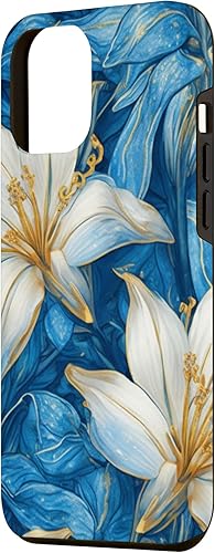 Miniatura 2 de iPhone 14 Pro Max Hermosa Lily Flowers Foral Blanco Azul Acuarela Patrón Caso