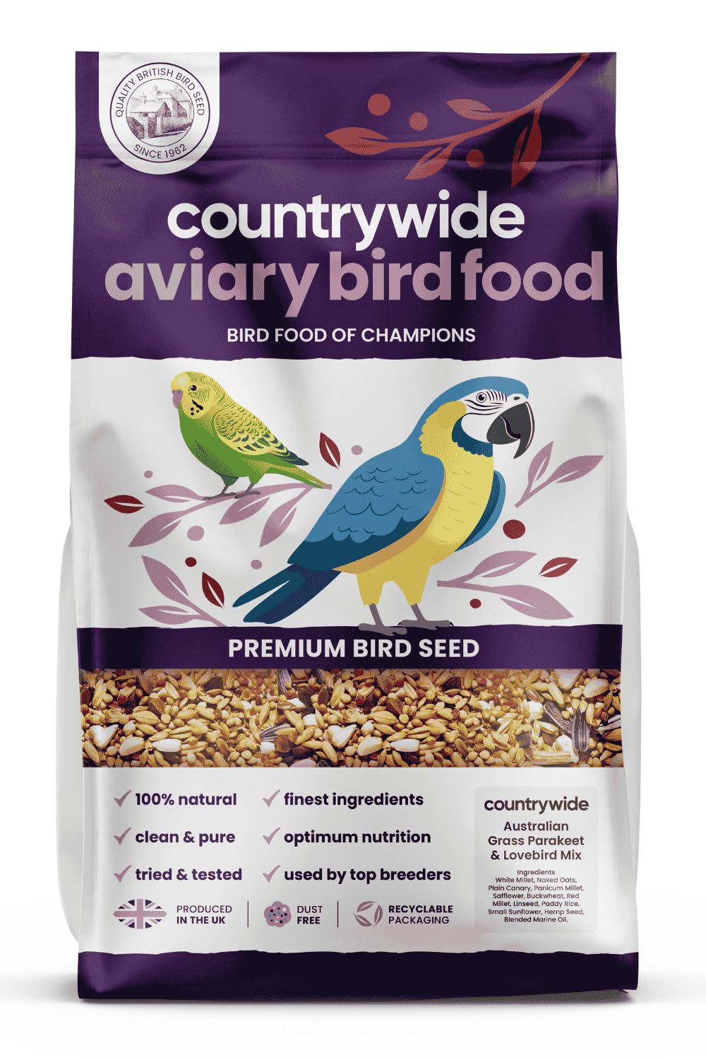 Countrywide Australian Grass Parakeet and Lovebird Feed Premium Mix 20 kg - High Levels of Protein & Nutrition - All Natural & Dust Free