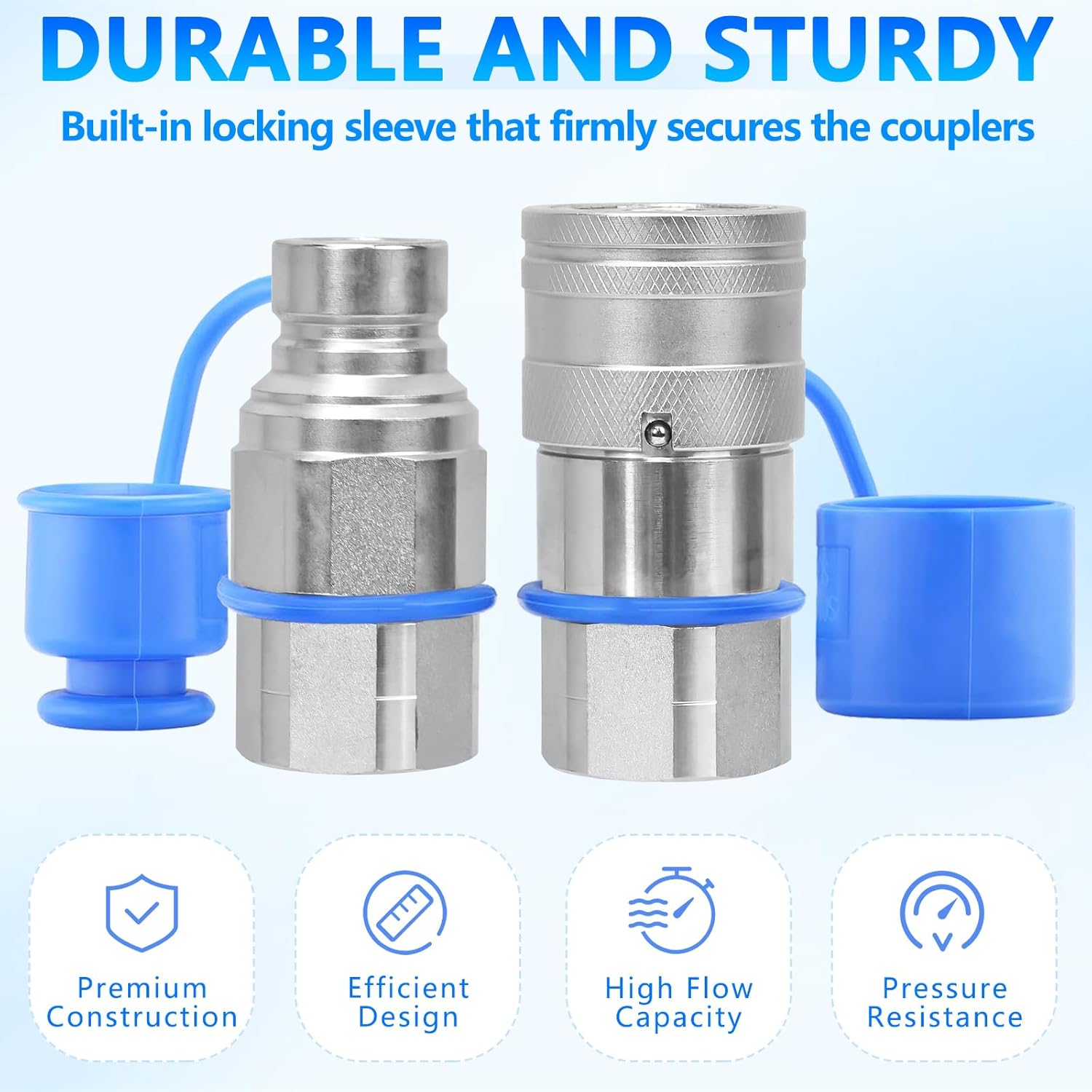 3/4’’ NPT Flat Face Hydraulic Quick Connect Couplers/Couplings with Dust Caps, The Universal Bobcat Flat Face Quick Connect Fittings with with 1/2" Body ISO 16028 Standard