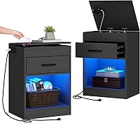 Vista 11 de Auromie Mesita de noche con estación de carga y luces LED, mueble de ocultación con gabinete de cerradura RFID y tomas de corriente, mesa