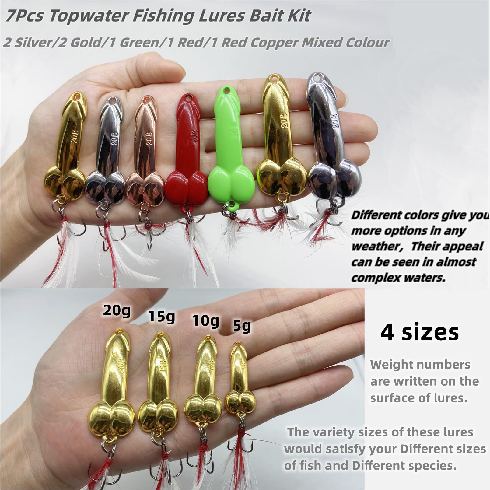 DAMIDEL 7Pcs Topwater Fishing Lures Bait Kit, 5g/10g/15g/20g Bass Fishing Lure with Custom Made Trebles Hooks, Mixed Red and White Feathers, Gold, Silver, Green, Red Copper Colours (10g)