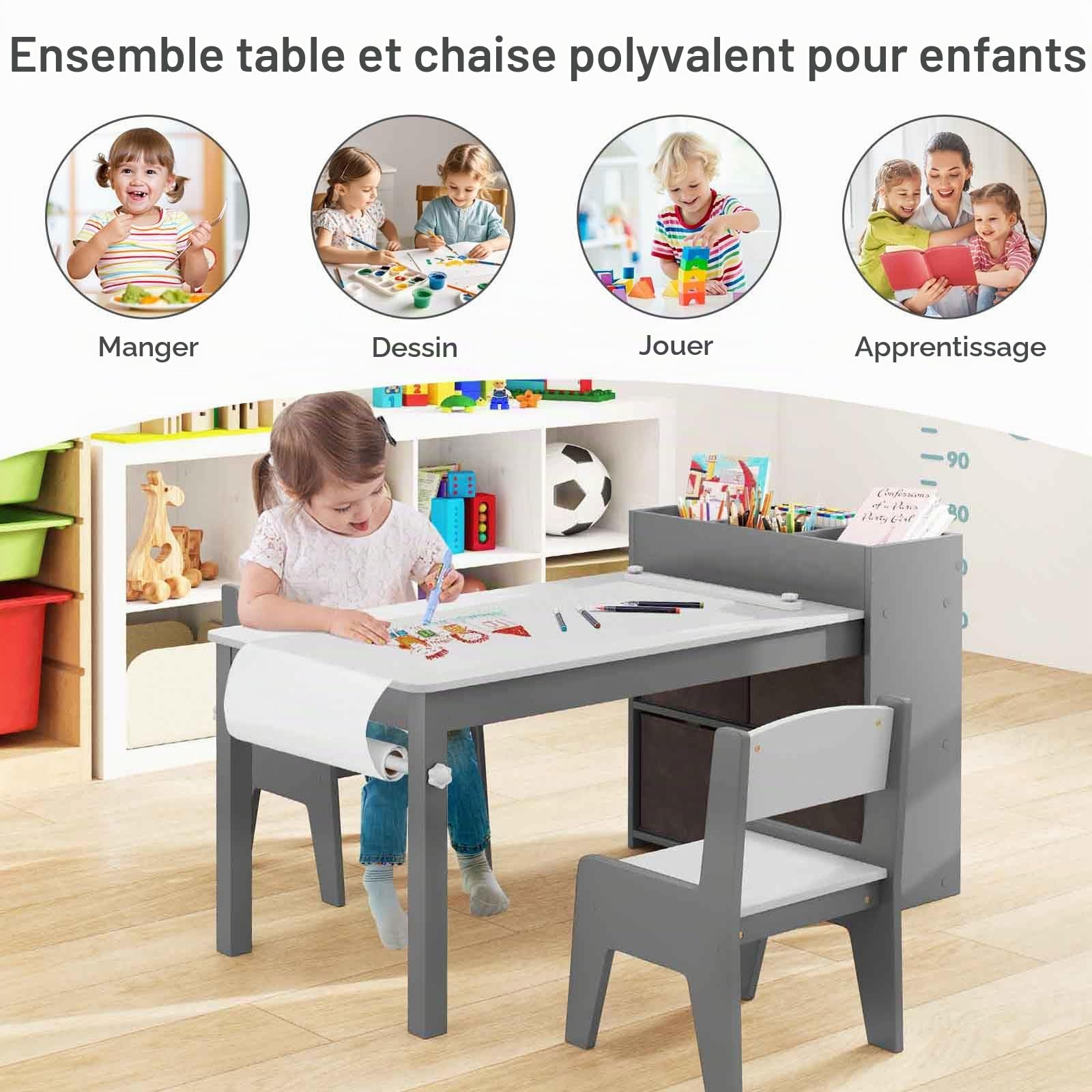 LIFEZEAL Ensemble Table Enfant avec 2 Chaises, Bureau avec 4 Paniers de Rangement, 4 Compartiments, Table à Dessin avec Rouleaux de Papier, Charge 60/50 kg, Garçon Fille 3+ Ans (Gris)