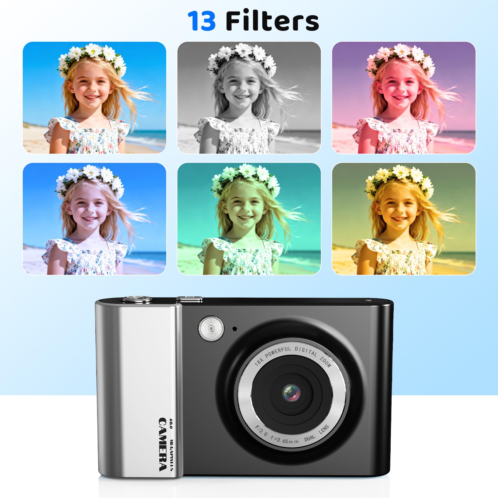 Fotocamera digitale 4K 64MP FHD fotocamera fotografica per bambini 18X zoom digitale fotocamera compatta con 2,4 schermi, scheda SD da 32 GB per bambini adolescenti principianti, nero