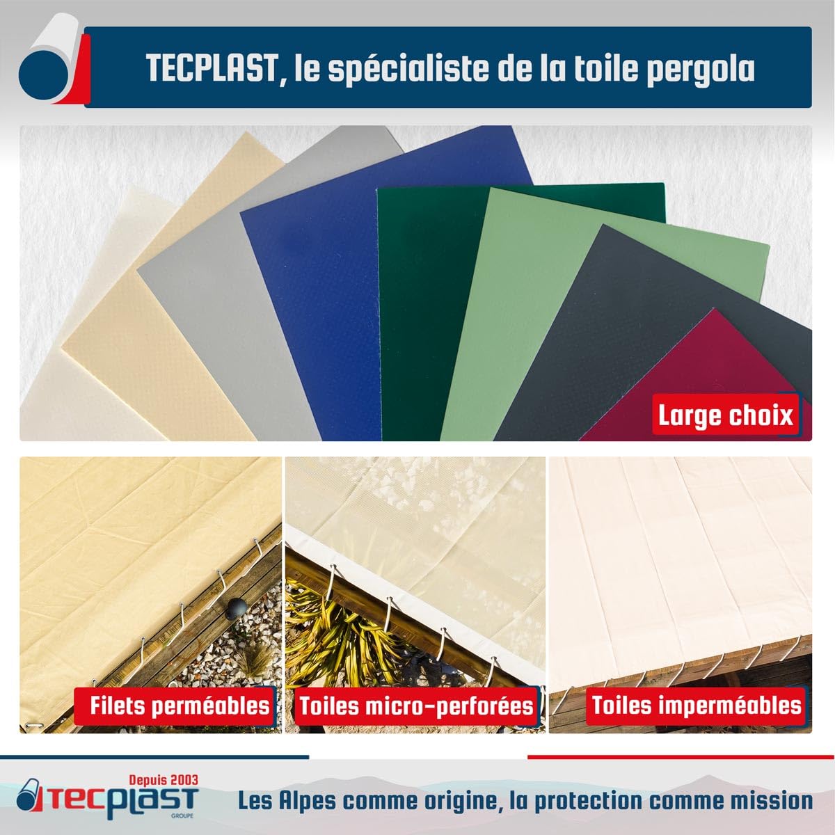 TECPLAST Toile Pergola Blanc Crème 3x5 m LP506PR - Garantie 5 Ans - Bâche Pergola ou Tonnelle étanche en PVC pour terrasse