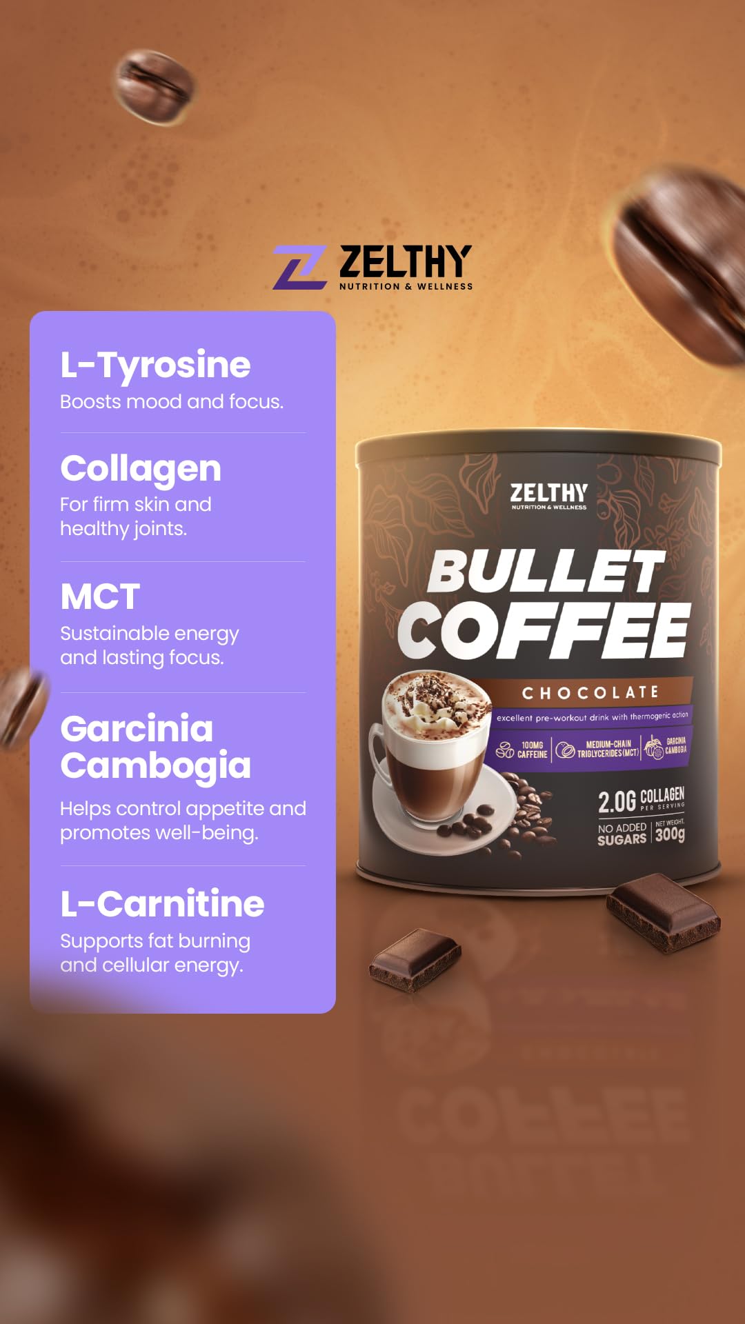 Zelthy Nutrition Bullet Coffee – Caffè funzionale con MCT, collagene e taurina – 300 g polvere senza zuccheri (Caramello salato)
