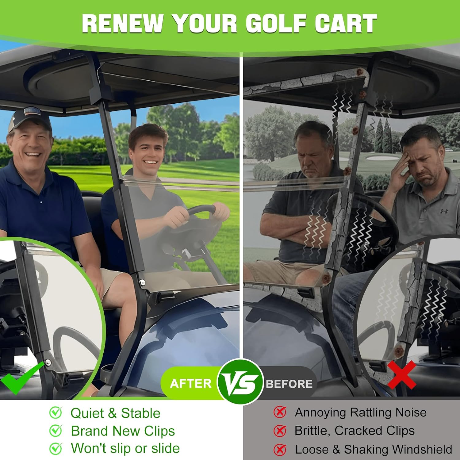 Golf Cart Windshield Clips Kit for Club Car 1" Struts Stop Rattle | Stop Vibration, Premium PVC Resists Crackin, During Golf Course and Neighborhood Driving, Fit 1 x 1 in Square Tube