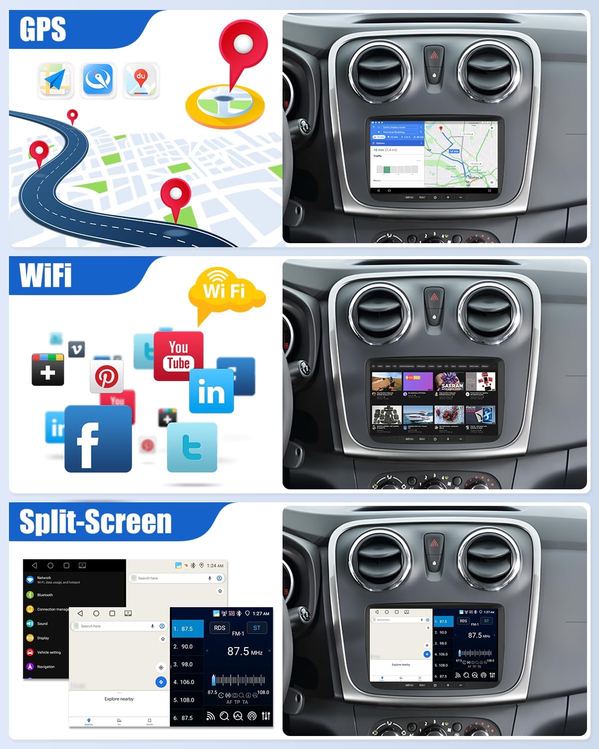 GPS navigation, Wi-Fi connectivity, and Split-Screen function