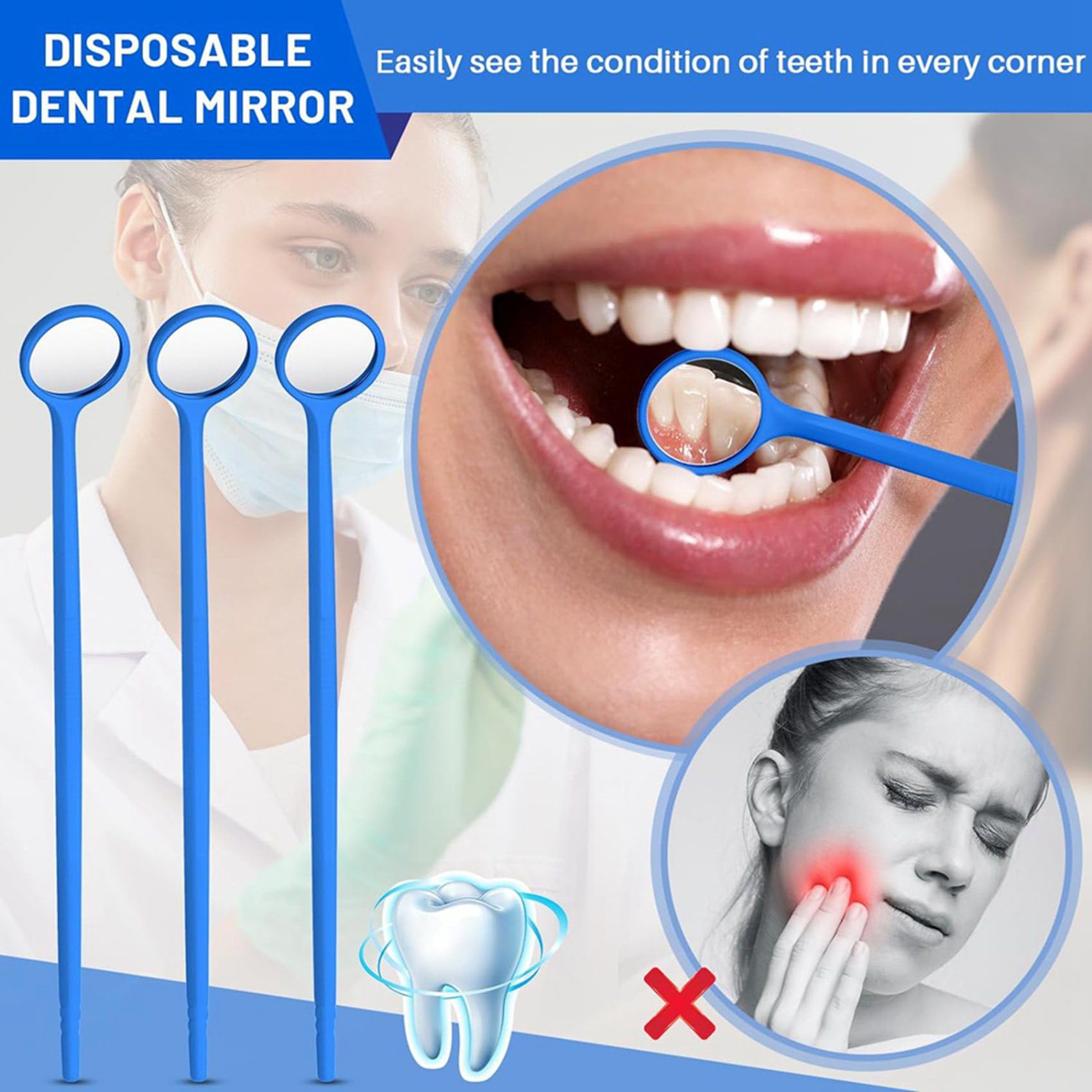 Specchio Dentale USA e Getta da 1500 Pezzi Specchietto per Bocca Antiappannamento Specchio Dentale Confezionato Singolarmente per Denti Orali, Blu