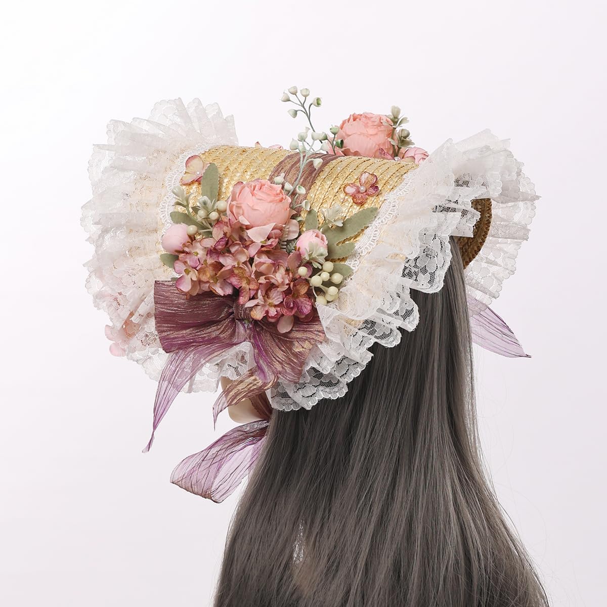 COSDREAMER Girls Women Victorian Tea Party Sun Hat Bows Flowers Straw Hats (P) - Image 5