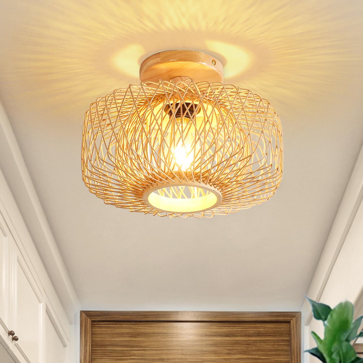 Capslapd Woven Bamboo Rattan Flush Mount Ceiling Light Fixture Handmade Boho Light Fixtures Farmhouse Ceiling Light Mini Chandelier for Living Room,Kitchen,Bedroom,Corridor,Hallway,Entryway,Kids Room