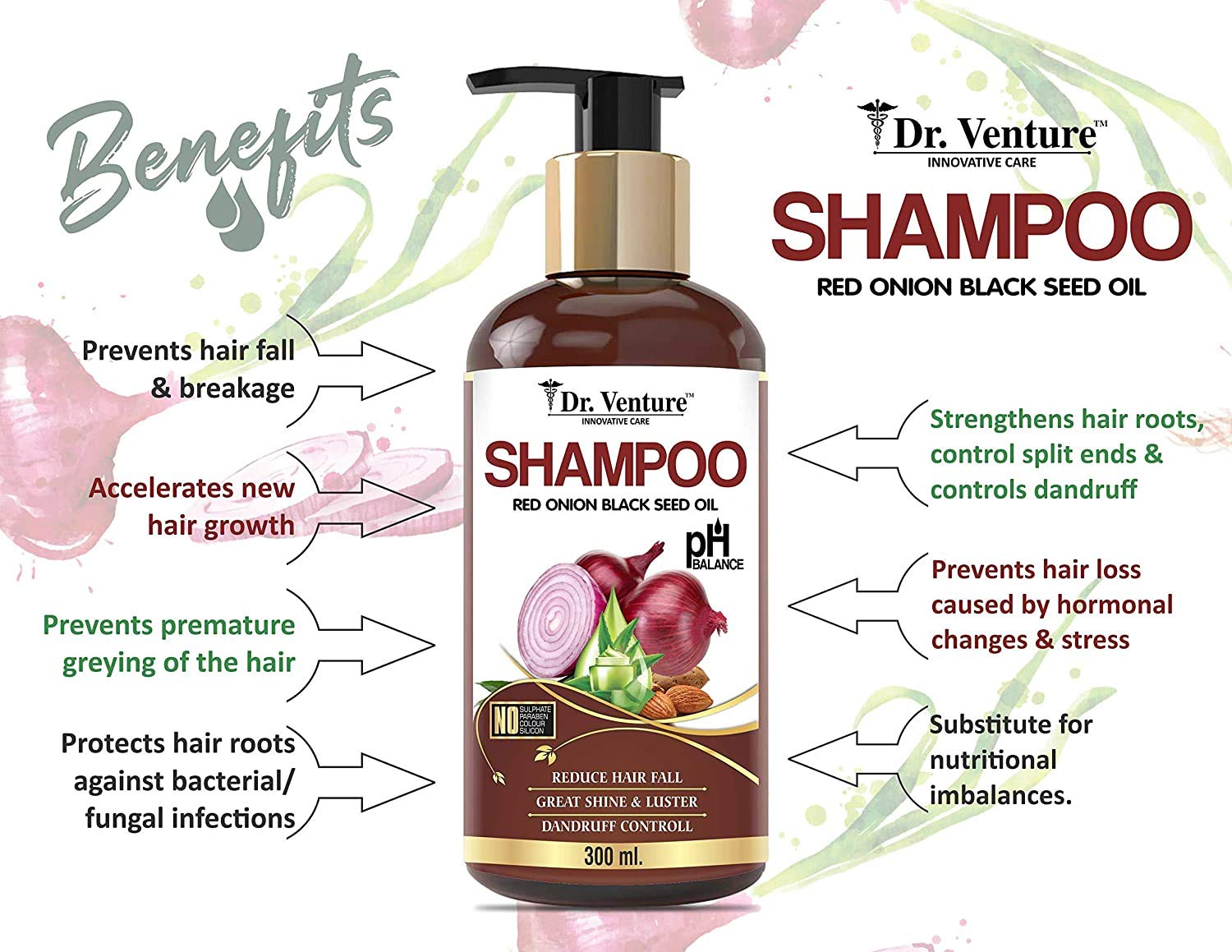 Dr. Venture Red Onion Shampoo With Red Onion Black Seed Oil Extract For Hair Growth, Hair Strengthening, Hairfall And Dandruff Control, No Paraben No Silicone No Sulphate No Colour 300 ml pack of 1