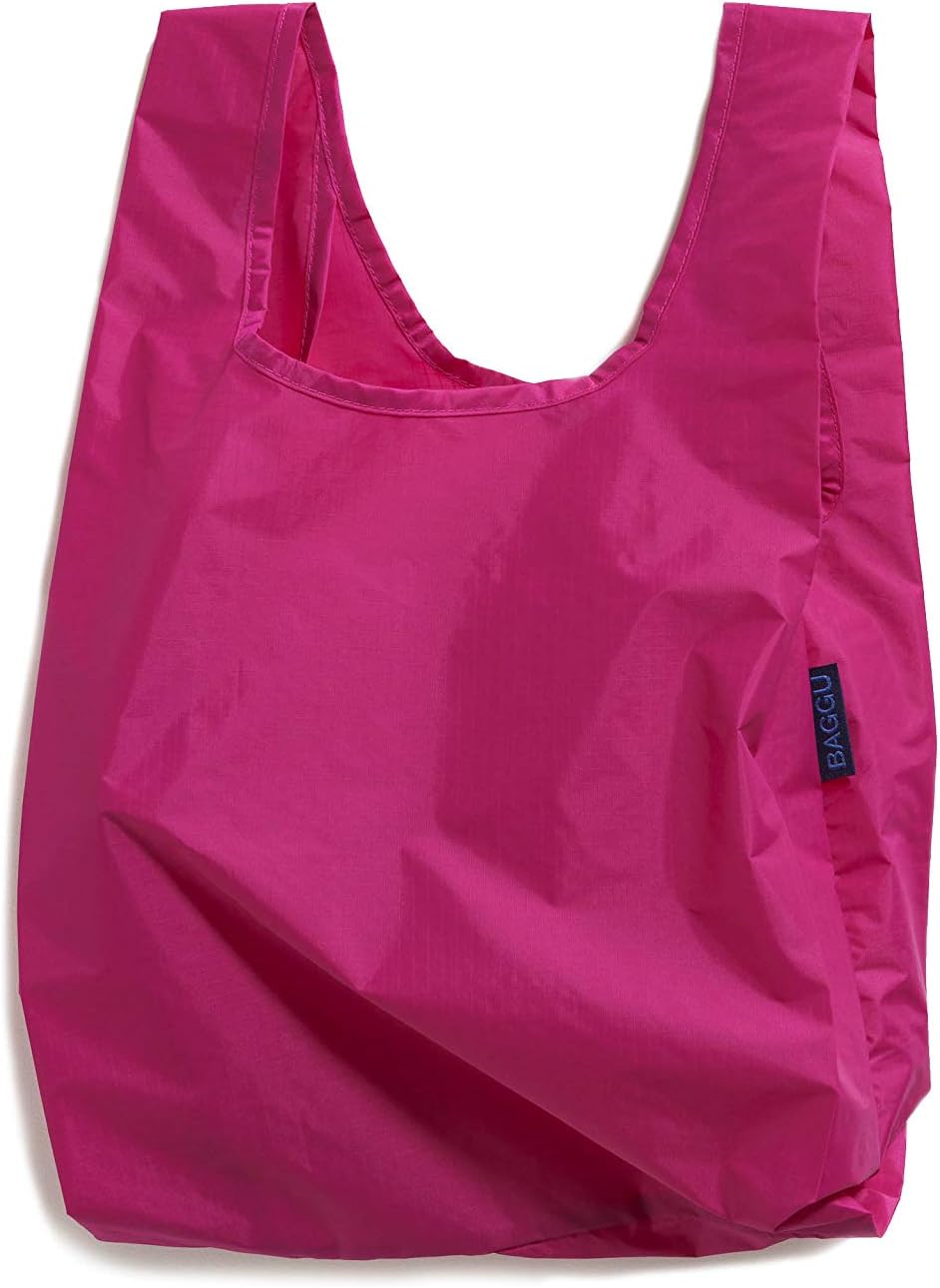 BAGGU Small Reusable Shopping Bag, Ripstop Nylon Grocery Tote or Lunch Bag, Magenta
