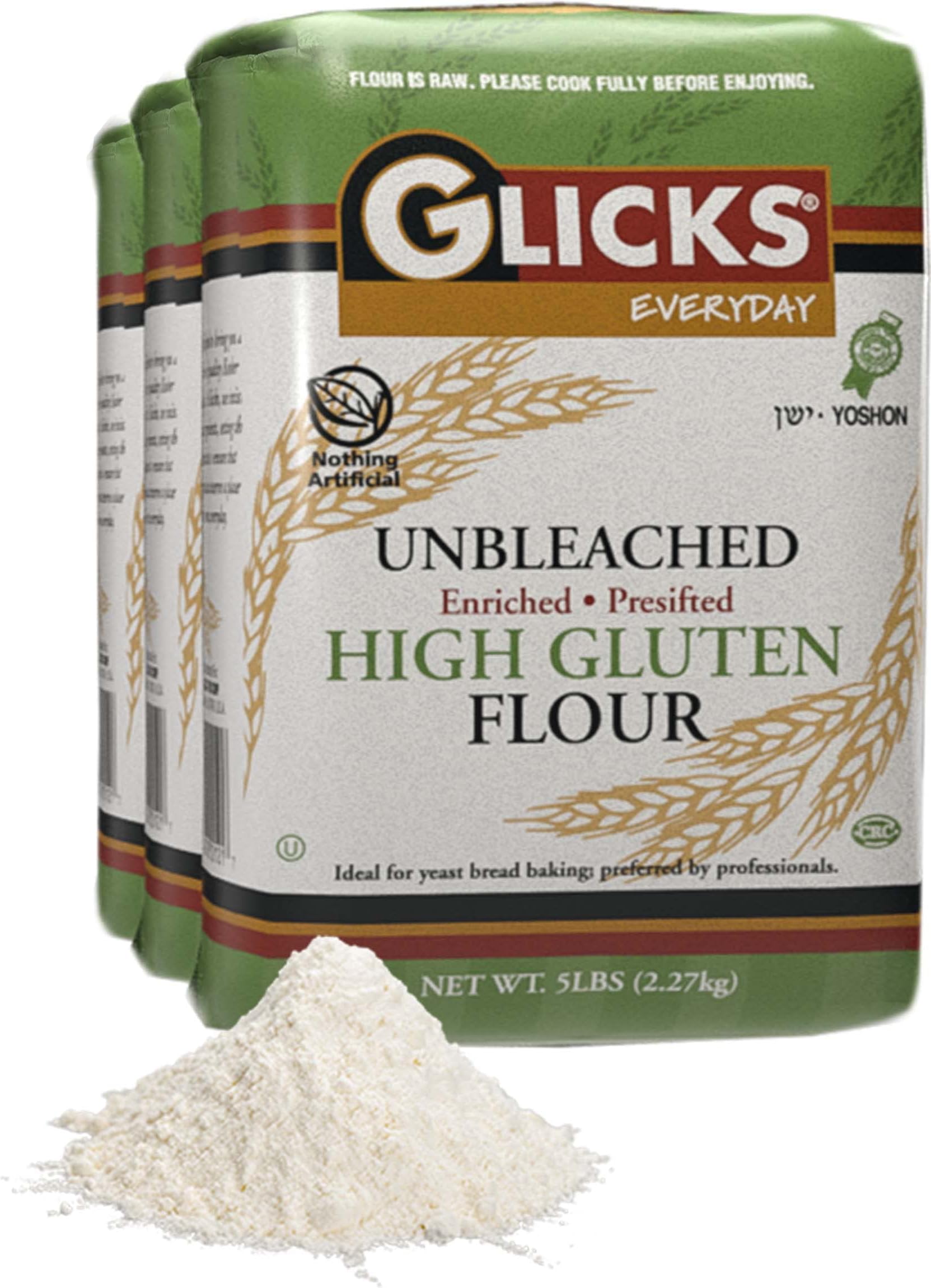 Glicks Unbleached High Gluten Flour, (3x5lb = 15 Pounds) Enriched, Presifted, Kosher, No Preservatives