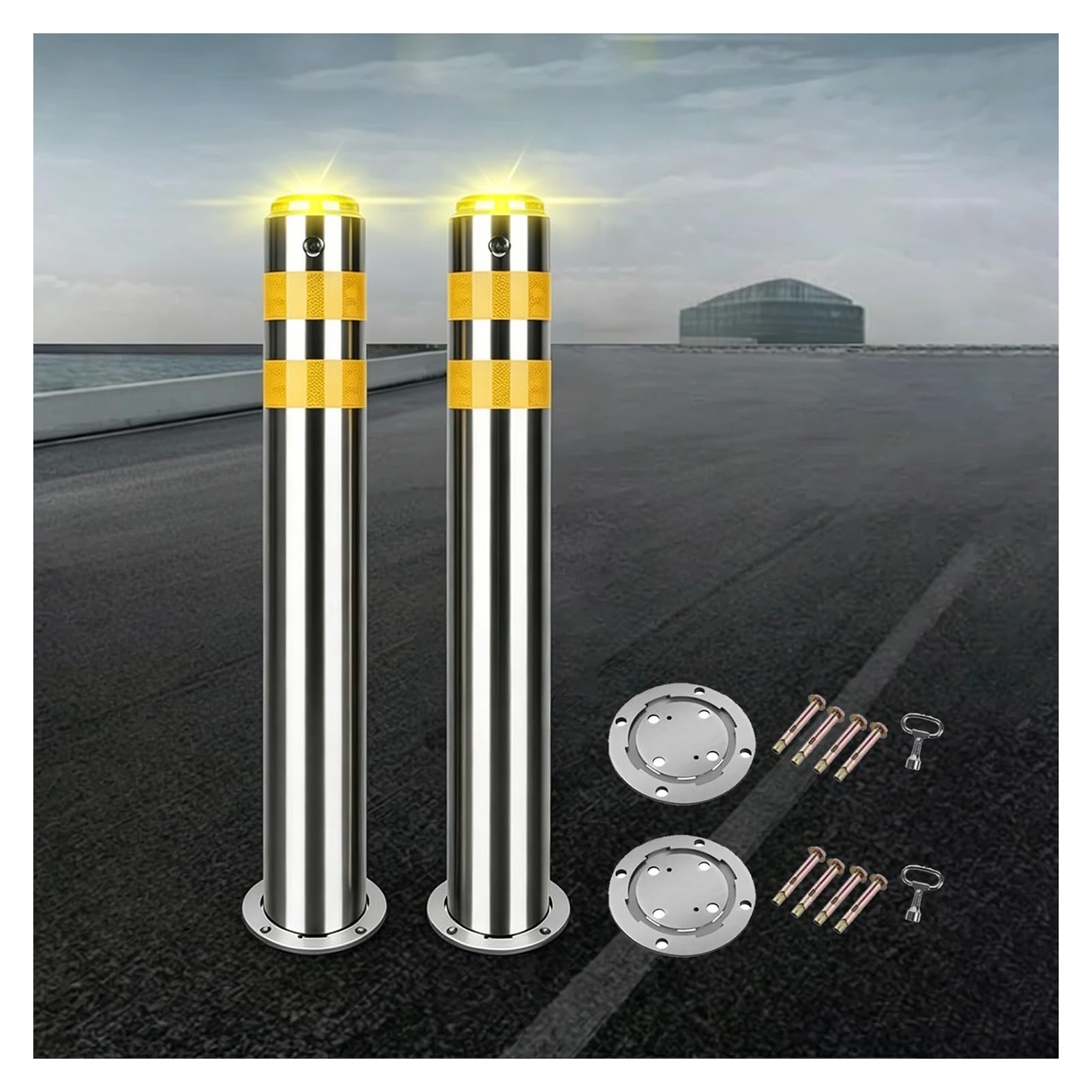 Générique Lot de 2 bornes de sécurité Amovibles en Acier Inoxydable avec Verrouillage, éclairage Solaire étanche pour stationnement extérieur et contrôle de la Circulation (39,4 x 3,5 Pouces)