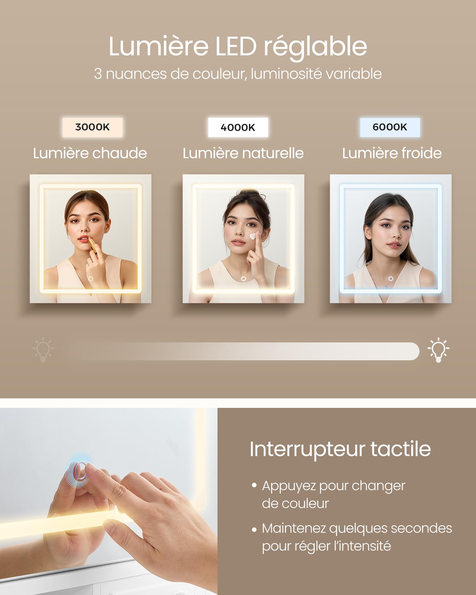 VASAGLE Kailyn Collection - Coiffeuse avec Miroir LED et Tabouret, Multiprise, 9 Tiroirs, Loupe 10x, Rangement Bijoux, Éclairage 3 Couleurs, Installation des Rails sans Outils, Blanc Nuage RDT737W01