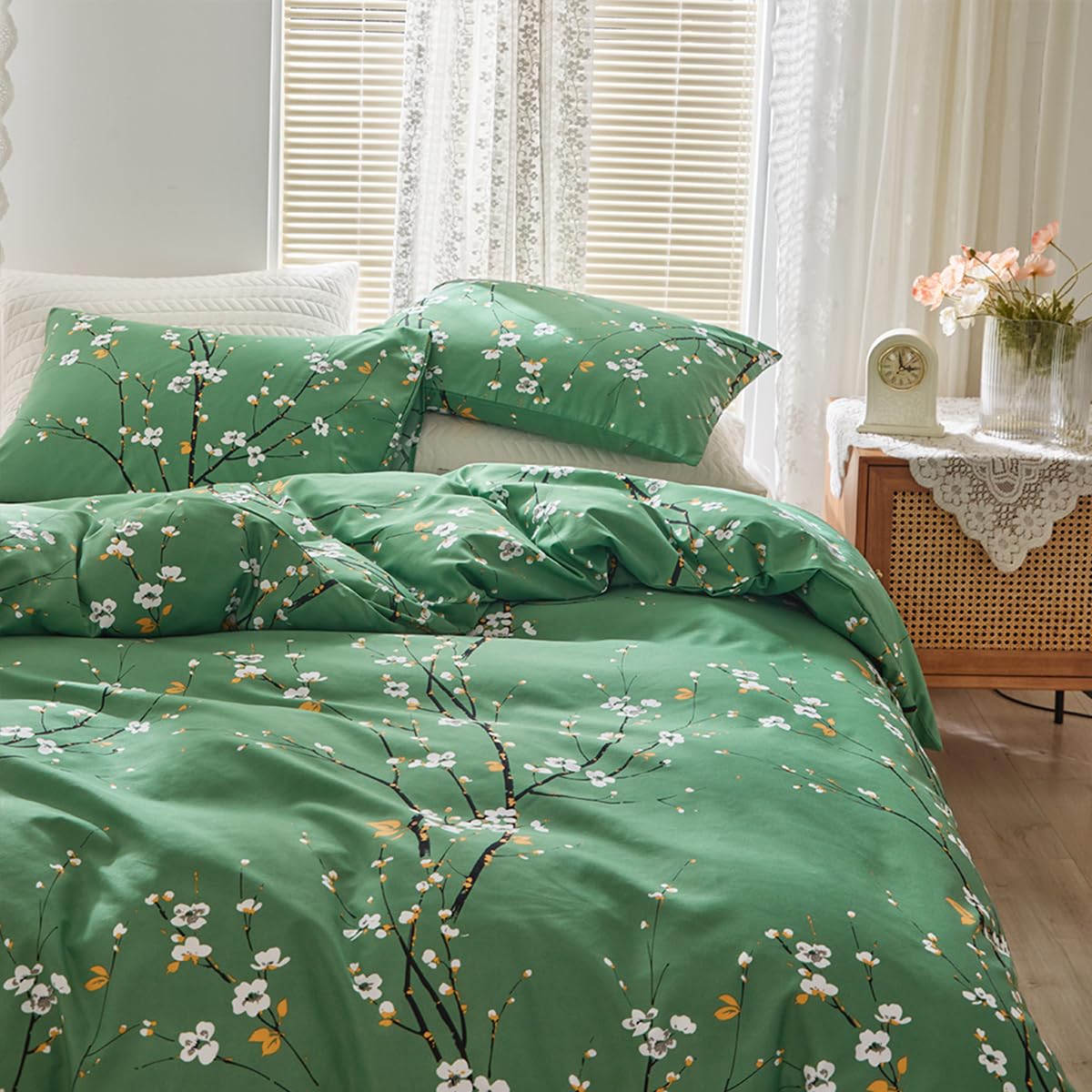 STYHO Floral Single Duvet Cover Sets Green Plum Blossom Flowers Bedding Set Soft Reversible Farmhouse Botanical Branch Printed Quilt Covers with Pillowcase(Green - Image 4