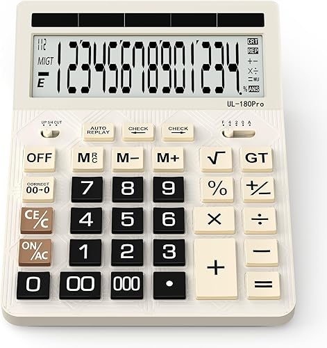 Calculadoras de escritorio, actualización 2026 de 14 dígitos de gran tamaño con pantalla LCD de 5 pulgadas y energía solar, calculadora de oficina