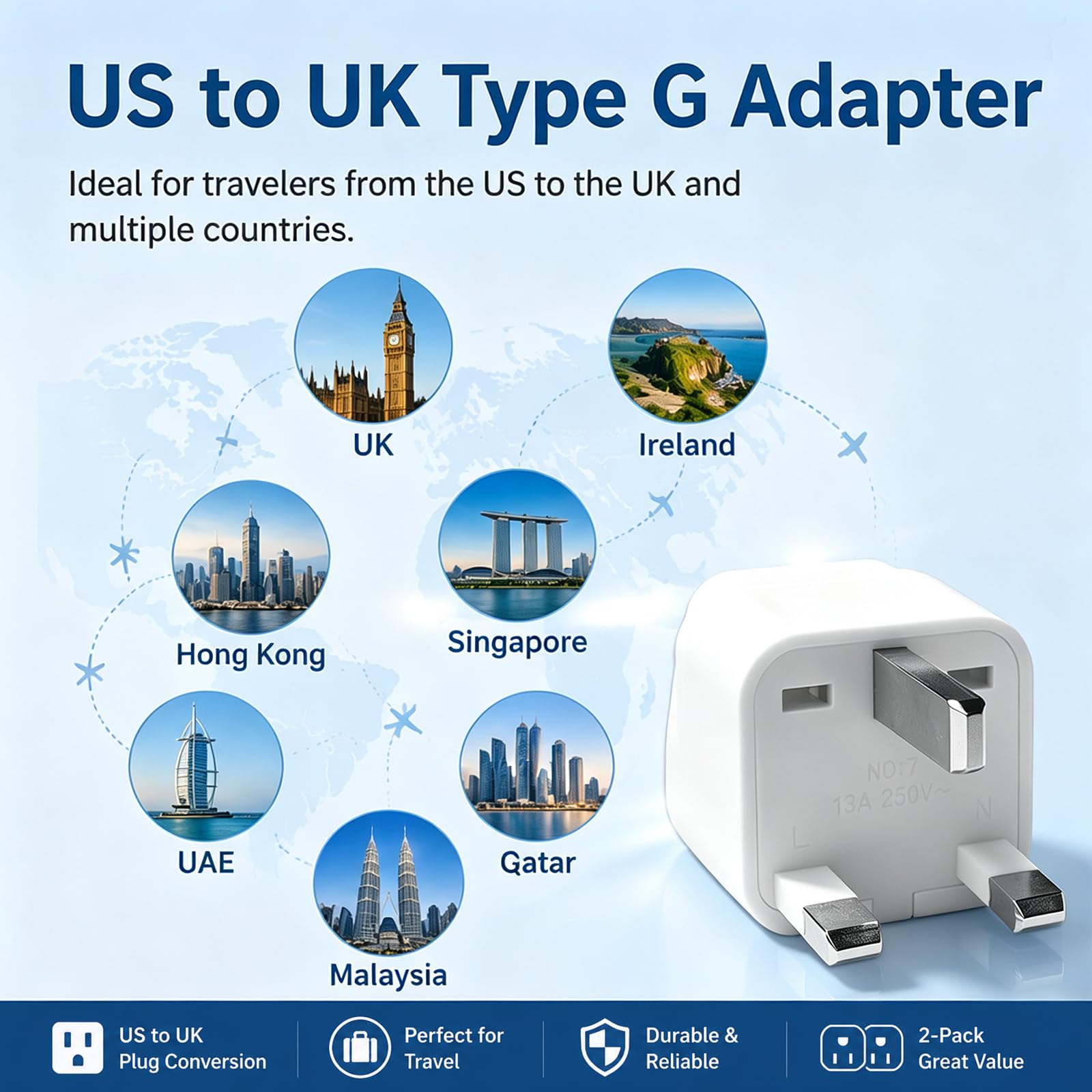 Lot de 2 adaptateurs de voyage de type G, adaptateur de voyage britannique, adaptateur secteur britannique, adaptateur de prise de courant
