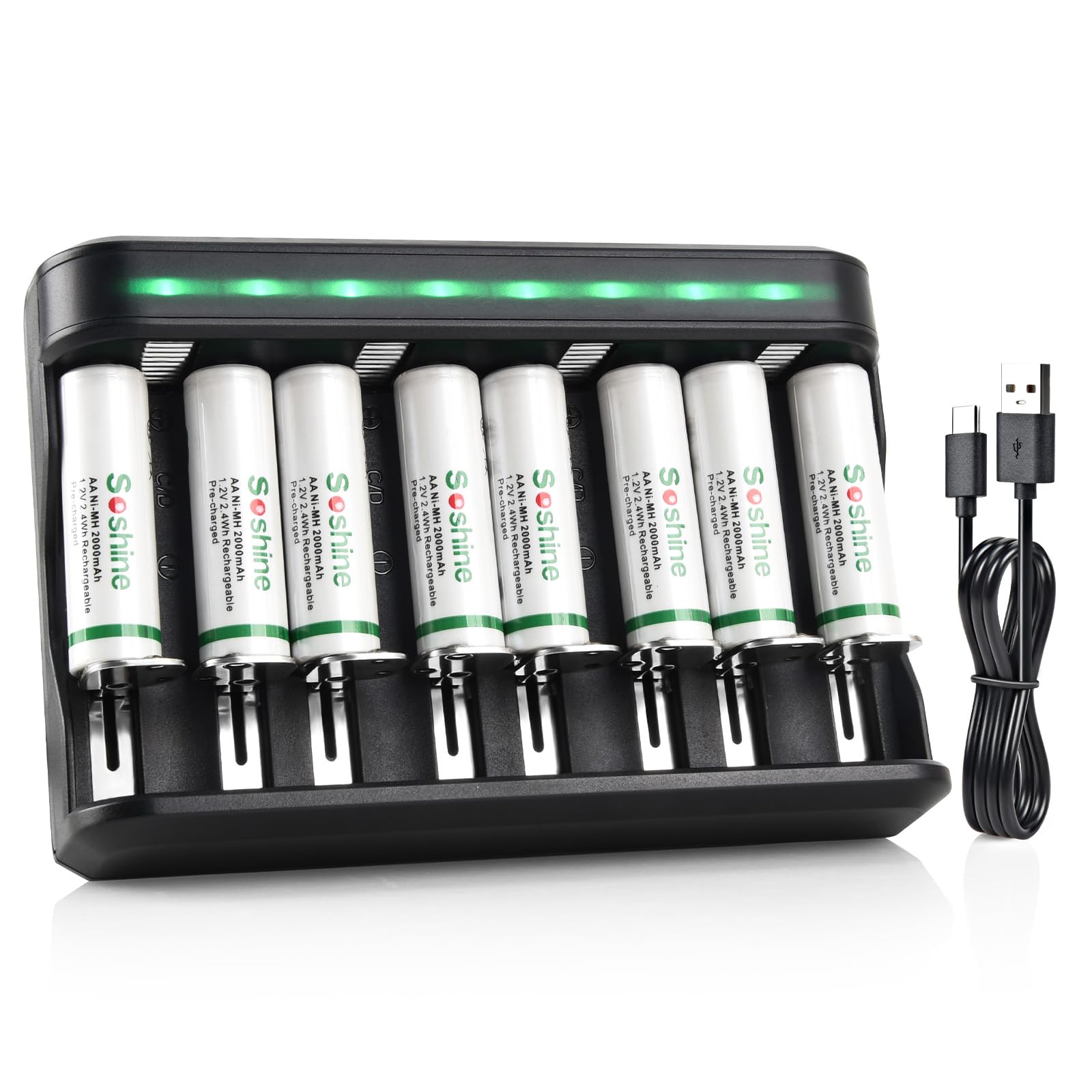 Soshine Rechargeable AA Batteries with Charger,Double a Rechargeable Batteries 2000mah 8pack with 8 Bay Fast Charger for AAA/AA/C/D Ni-MH Ni-CD Batteries