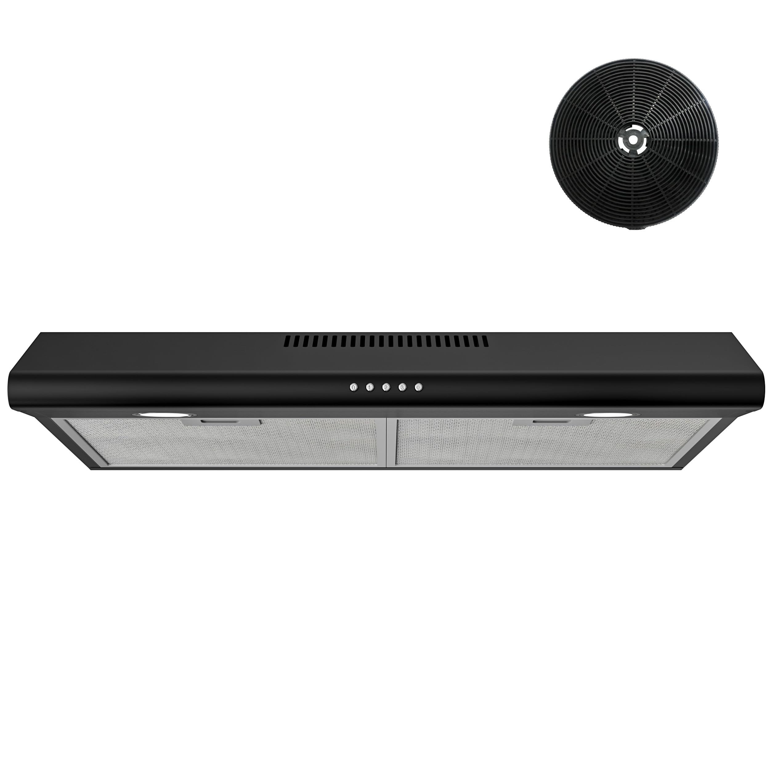 FIREGAS 30 Inch Black Under Cabinet Range Hood, Ducted/Ductless Convertible Kitchen Vent Hood with LED Light, 3-Speed Exhaust Fan, Push Button Control, Slim Stove Hood for Modern Kitchen