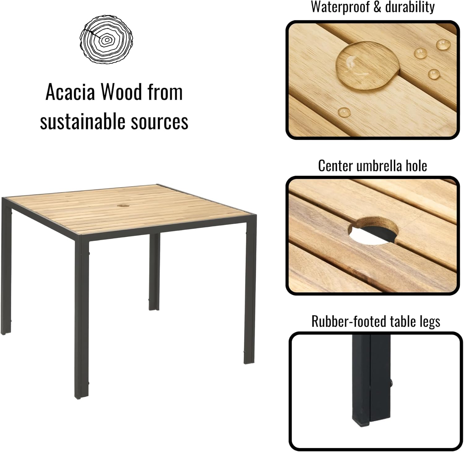 All Weather 5-Piece Patio Dining Table Sets, Patio Conversation Set Acacia Wood Table Top with Umbrella Hole, Rattan Outdoor, Light Gray Color