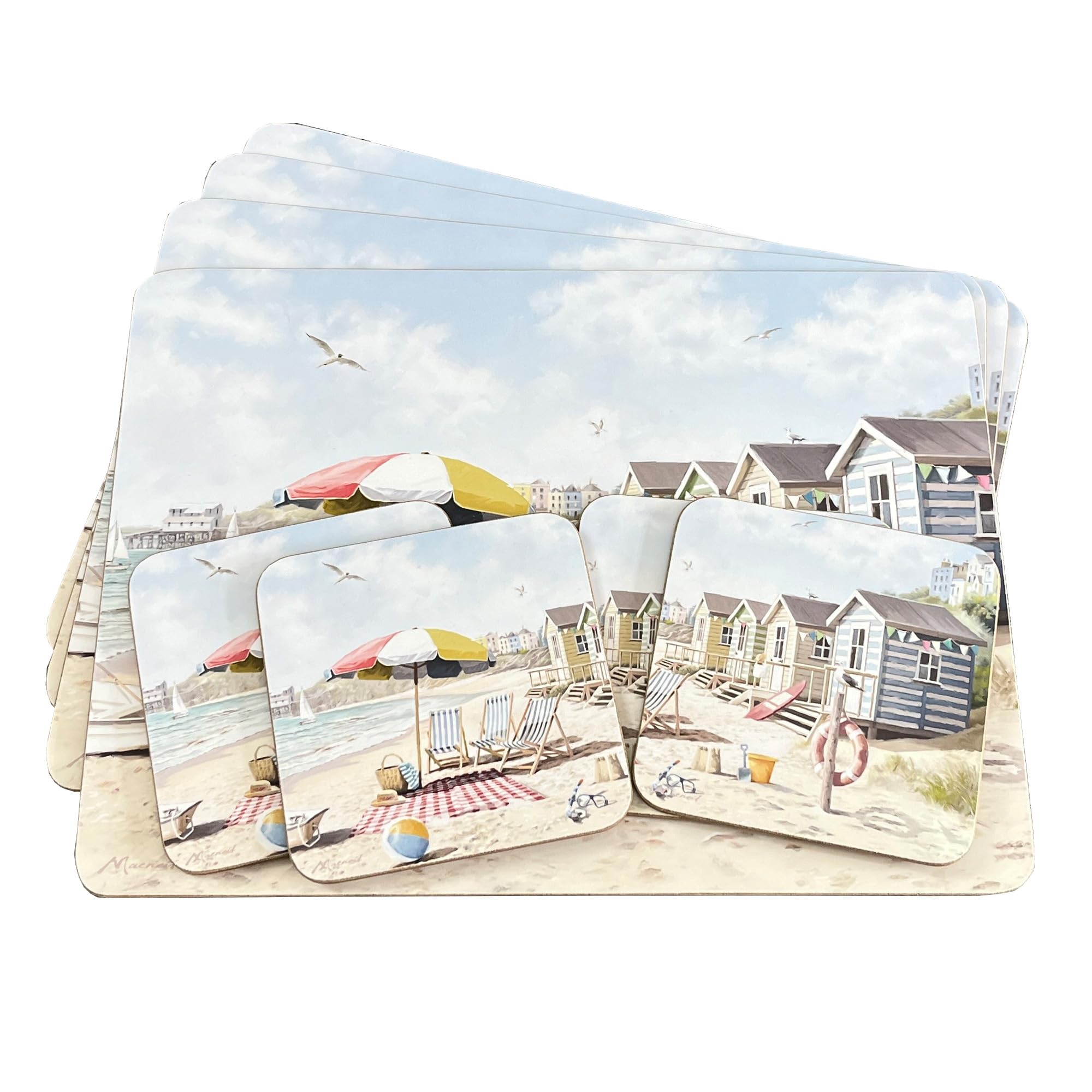 Alfie Francis Blue Set Of 4 Placemats And Coasters - Nautical Beach Front Beach Huts Illustration Design