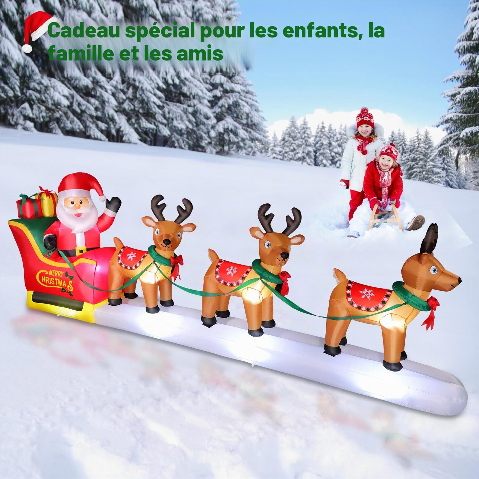 Père Noël Gonflable et Traîneau de Rennes de 3,66 m avec LED, Père Noël XXL et 3 Rennes avec Ventilateur, Décorations de Jardin Gonflables Imperméables pour Terrasse, Jardin, Parc, Centre Commercial