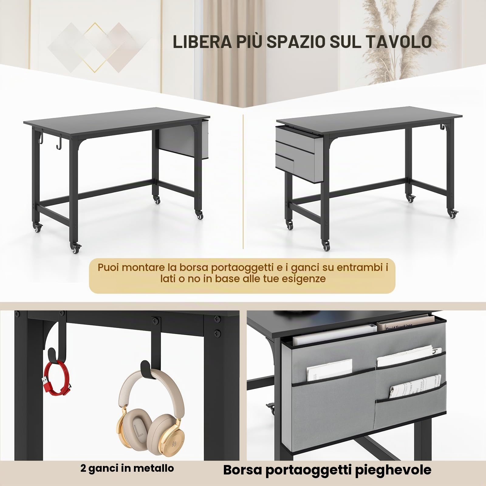 GIANTEX Scrivania per computer con 4 ruote universali, tasca laterale e 2 ganci, 120 x 60 x 75 cm, tavolo PC per casa e ufficio, carico massimo: 100 kg (nero)