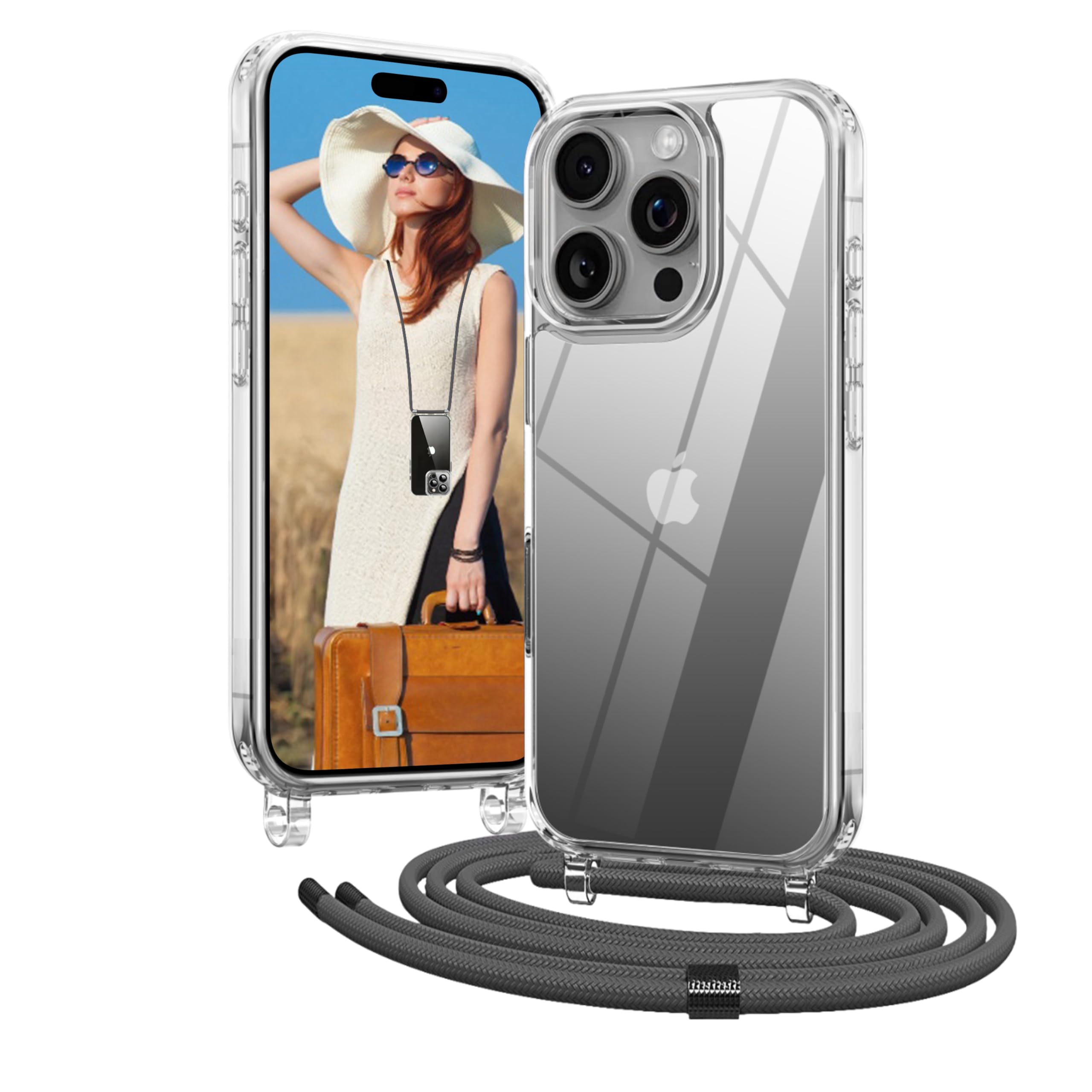OLEPHY Cover per iPhone 16 Pro con Cordino 6,3'', Trasparente Custodia con Regolabile Collana, Protezione Completa [Antiurto] [AntiGraffio] Case con Laccio Tracolla, Grigio