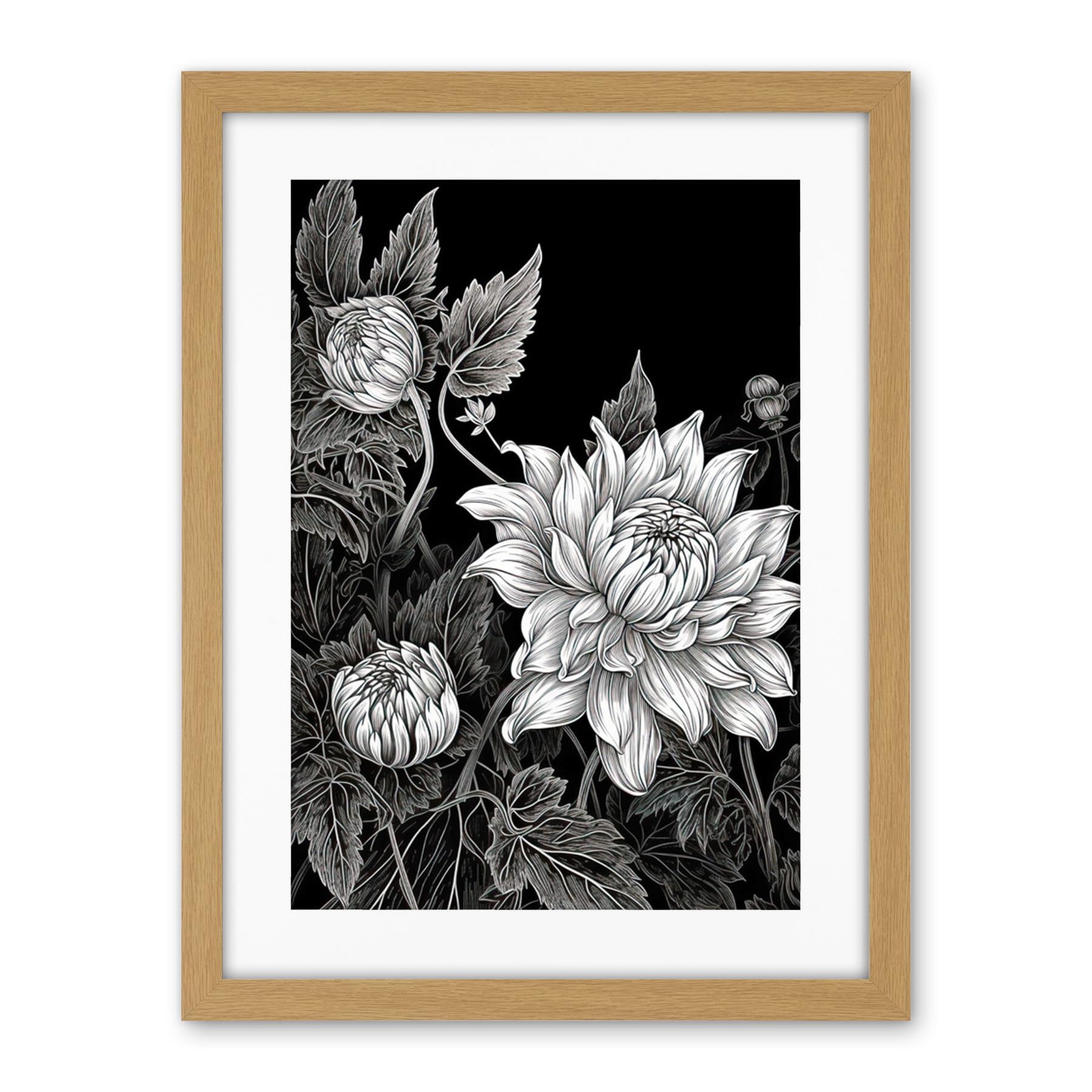 Artery8 Detailed Black and White Dahlia Flower Blooms Artwork Framed Wall Art Print 18X24 Inch