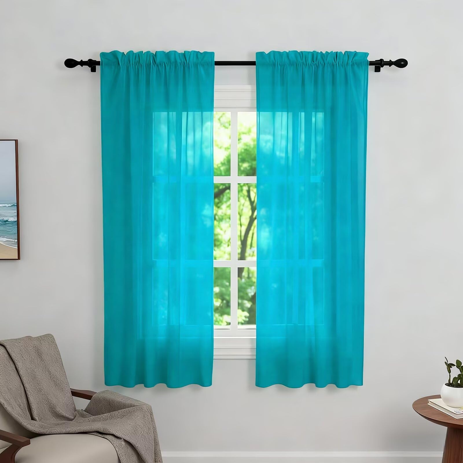 Zdada Net Curtains for Windows 45 Drop, Teal Slot Top Voile Curtains, Semi Transparent Sheer Curtain Net Curtain Panel for Living Room Kitcken W60xL45 Inch,2 Panels — image 1