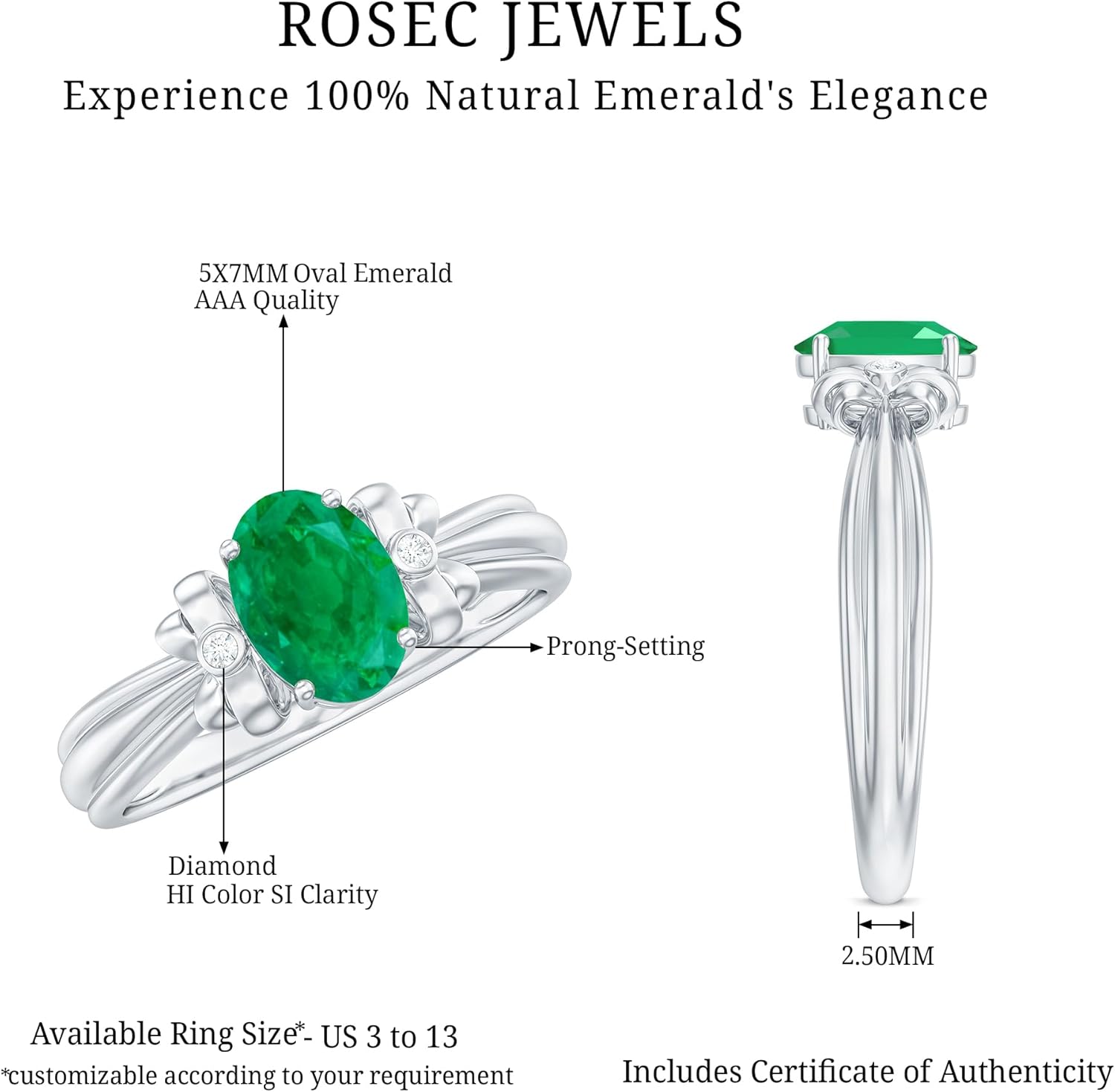 Certified 5X7mm Oblong Emerald Engagement Ring, Aaa Quality, Natural Emerald Diamond Ring - Unique Gift For Women