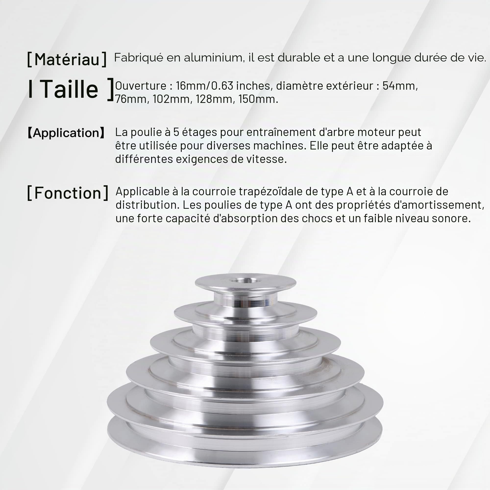Alésage de 16 mm, 54 mm-150 mm, diamètre extérieur en aluminium, 5 fentes type A, poulie pagode 5 étapes, largeur de courroie 12,7 mm