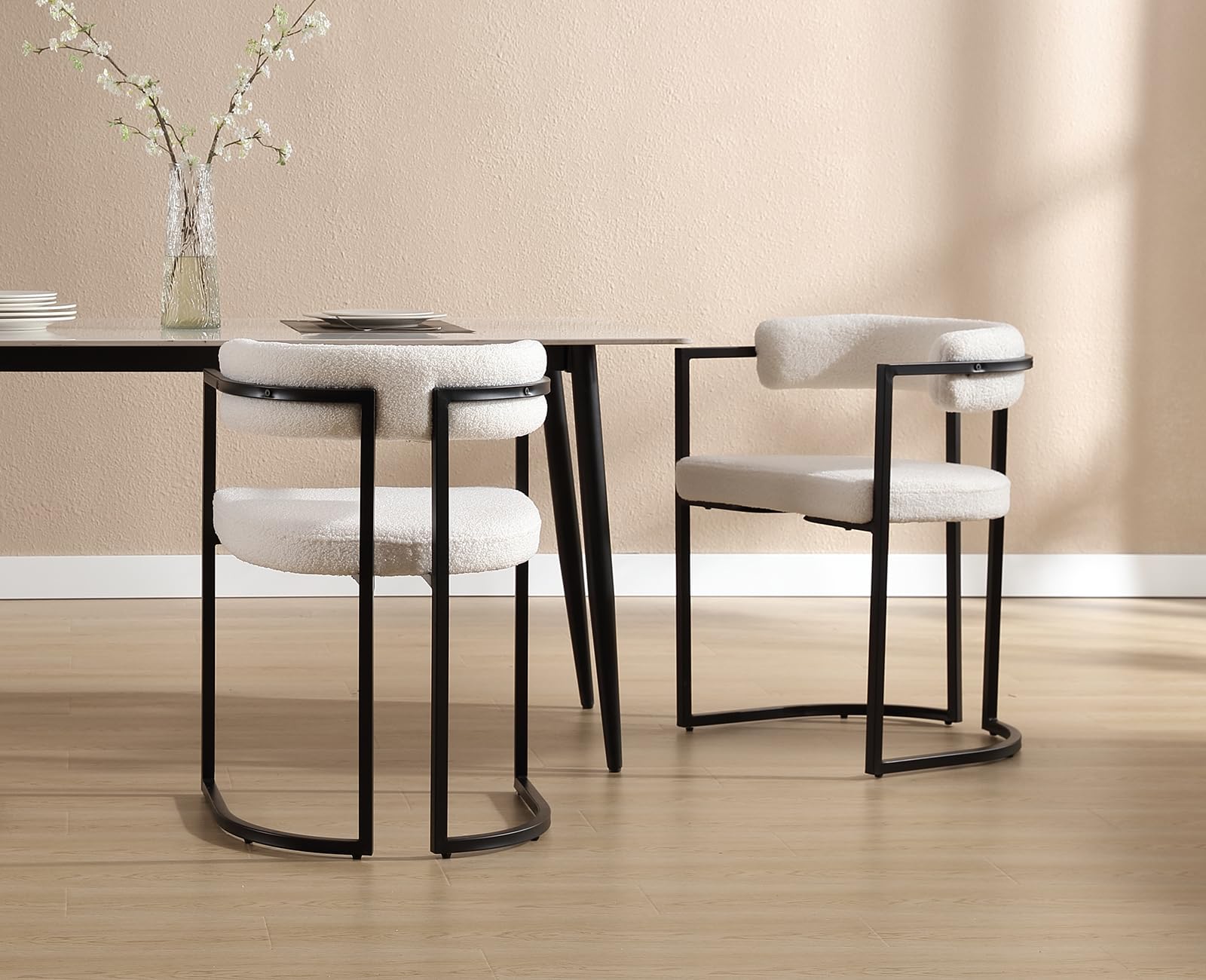 chairus Juego de 2 Sillas de Comedor de Lana Sintética Silas Laterales con Respaldo Curvado, Silla de Cocina con Marco de Metal Silla Decorativa Moderno para Hogar/Restaurante, Blanco