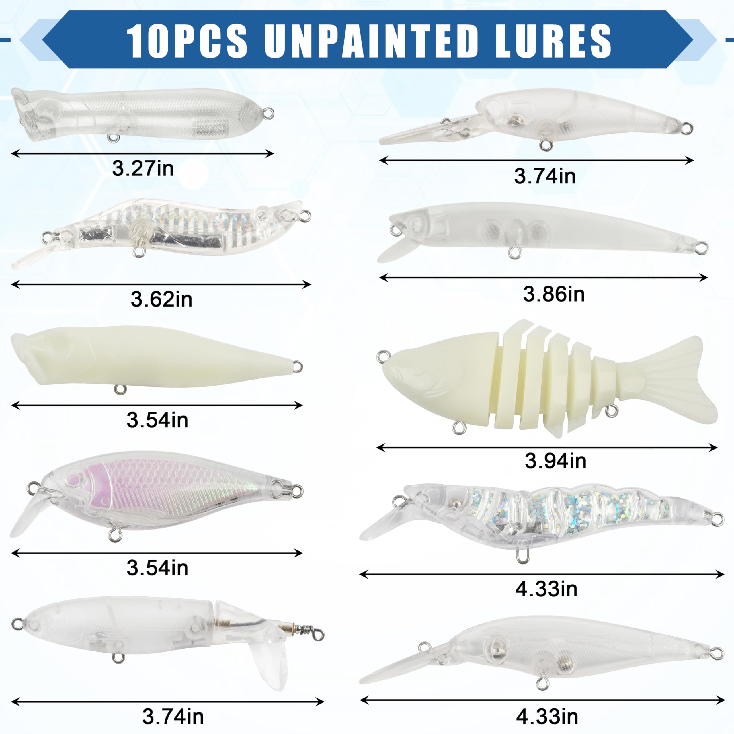 Unlackiertes Angelköder-Set, 375-teilig, blanko, Crankbaits, Elritze, Hartköder-Set, enthält Köderbänder, Augen, Drillingshaken, Spaltringe, Speed-Clips, machen Sie Ihre eigenen Angelköder